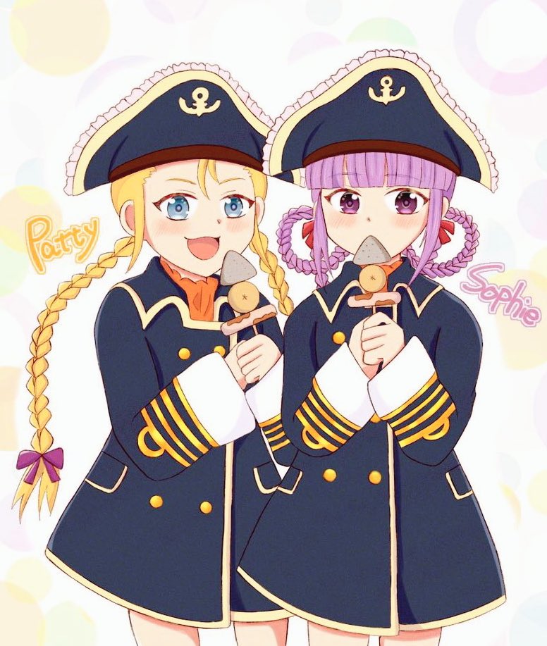 2girls :d blonde_hair blue_eyes blunt_bangs bow braid braided_hair_rings character_name cosplay food hair_bow hair_rings hat holding holding_food in-franchise_crossover long_hair multiple_girls open_mouth patty_fleur patty_fleur_(cosplay) pirate_hat purple_bow purple_eyes purple_hair sidelocks smile sophie_(tales) standing tales_of_(series) tales_of_graces tales_of_vesperia twin_braids vefpeem