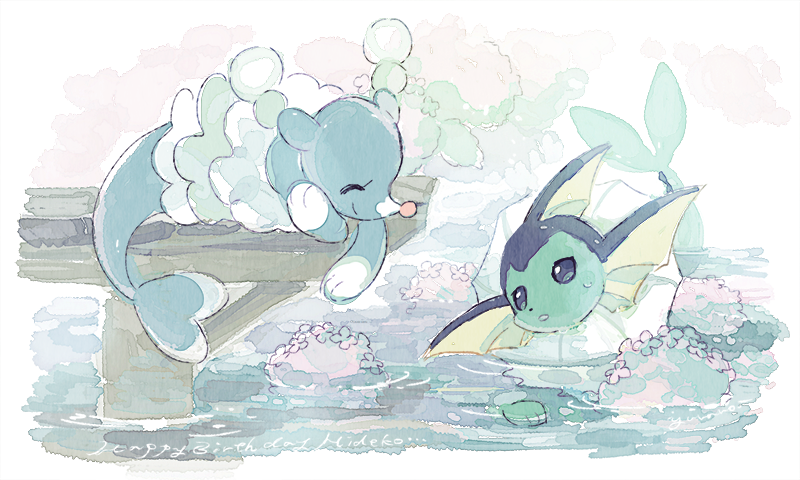 blue_skin brionne colored_skin gen_1_pokemon gen_7_pokemon nintendo no_humans pokemon pokemon_(creature) tail vaporeon water yurano_(upao)