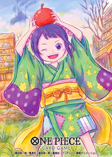 1girl apple bare_tree blush_stickers child commentary_request copyright_name cowboy_shot food fruit grass green_kimono hair_bun hair_ornament happy holding holding_food japanese_clothes kimono kurozumi_tama looking_at_viewer obi official_art one_eye_closed one_piece one_piece_card_game purple_hair sash sidelocks smile sowsow teeth tree upper_teeth_only wide_sleeves yellow_sash