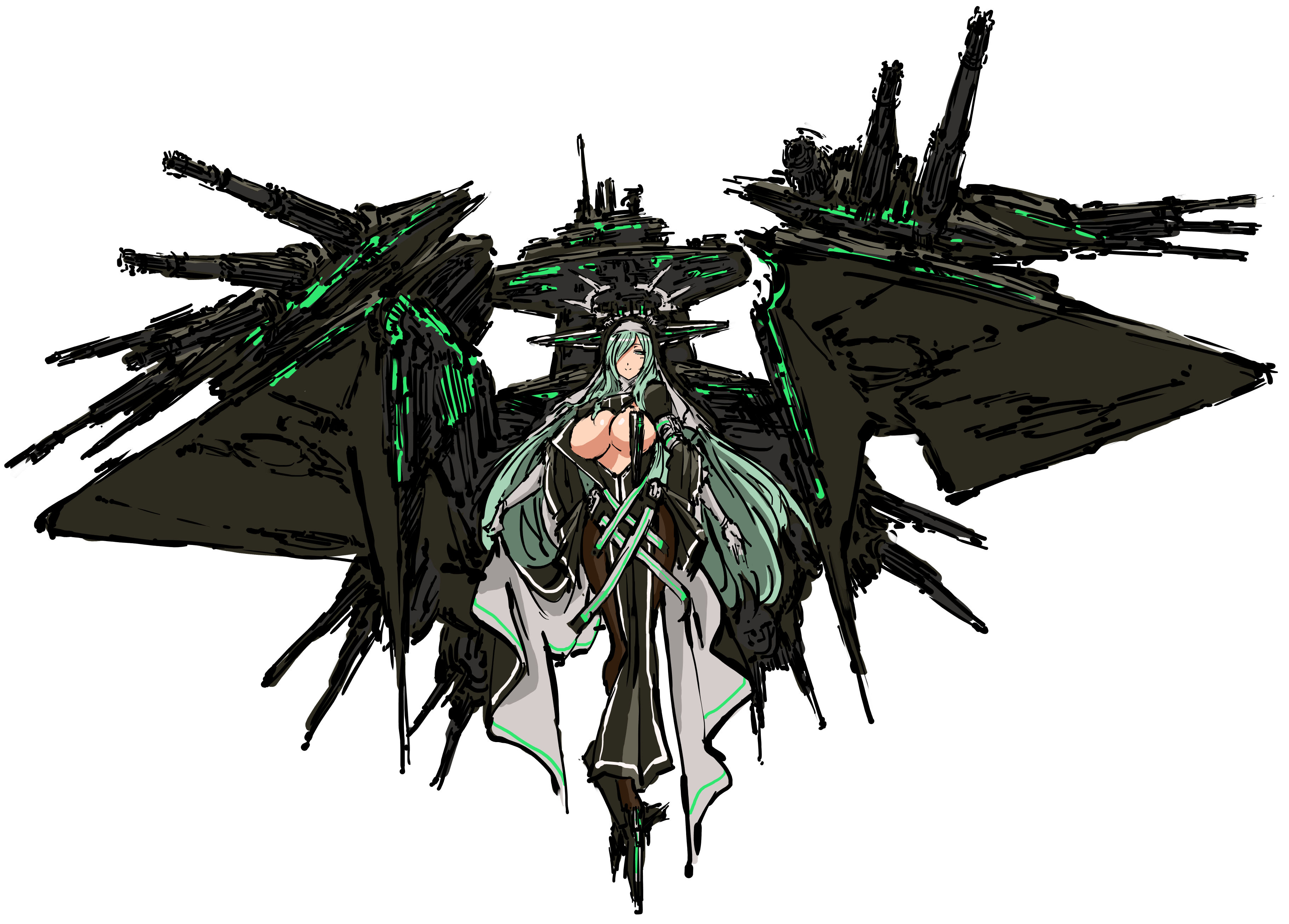 10s 1girl absurdres breasts center_opening eclipse_(star_wars) female_focus full_body green_eyes green_hair headgear highres kantai_collection large_breasts long_hair machinery matching_hair/eyes mecha_musume nameo_(judgemasterkou) pantyhose personification simple_background solo standing star_destroyer star_wars super_star_destroyer thighhighs white_background zettai_ryouiki