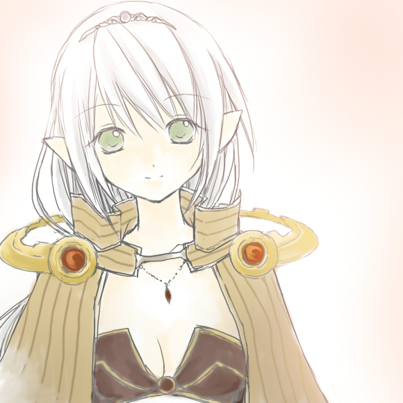 1girl 2000s_(style) bikini breasts brown_bikini brown_capelet capelet cleavage closed_mouth commentary_request green_eyes jewelry koruneiyu long_hair looking_at_viewer medium_breasts necklace pointy_ears ragnarok_online sage_(ragnarok_online) smile solo striped_capelet swimsuit upper_body white_hair