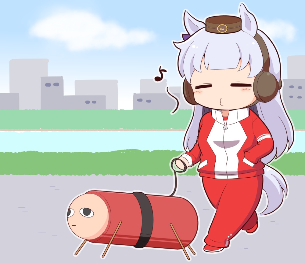 1girl animal_ears blue_sky blush_stickers bow brown_hat chibi cloud day ear_bow ear_covers eighth_note gintama gold_ship_(umamusume) gomashio_(goma_feet) grey_hair gym_shirt hand_in_pocket hat horse_ears horse_girl horse_tail jacket justaway long_hair long_sleeves mini_hat musical_note outdoors pants puckered_lips purple_bow red_jacket red_pants red_shoes shirt shoes sky solo tail track_jacket track_pants track_suit umamusume very_long_hair walking water whistling white_shirt