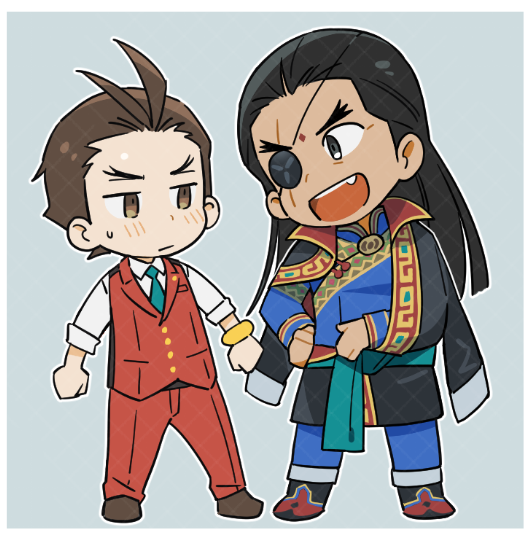 2boys ace_attorney antenna_hair apollo_justice aqua_sash black_footwear black_hair black_jacket blue_pants blue_shirt blush border bracelet brown_eyes brown_footwear brown_hair chibi collared_shirt dhurke_sahdmadhi dododongi eyepatch facial_mark fang forehead_mark forked_eyebrows full_body gold_bracelet green_necktie grey_eyes hand_on_own_hip jacket jacket_on_shoulders jewelry korean_commentary lapel_pin long_hair male_focus multiple_boys necktie open_mouth outline pants phoenix_wright:_ace_attorney_-_spirit_of_justice red_pants red_vest sash scar scar_on_face shirt short_hair small_sweatdrop smile two-sided_fabric two-sided_jacket vest waist_sash white_border white_outline white_shirt