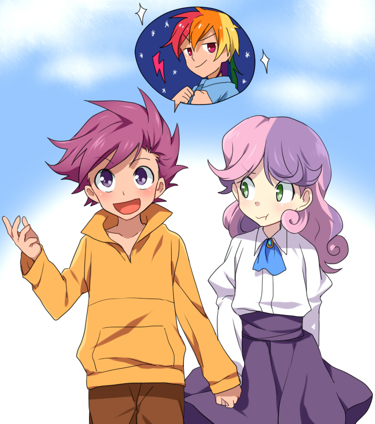 3girls bad_id bad_tumblr_id blue_shirt blush brown_pants cloud collar collared_shirt green_eyes humanization lightning long_sleeves megarexetera multicolored_hair multiple_girls my_little_pony my_little_pony:_equestria_girls my_little_pony:_friendship_is_magic open_mouth pants pout puffy_cheeks purple_eyes purple_skirt rainbow_dash red_eyes scootaloo shirt skirt sparkle sweetie_belle white_shirt