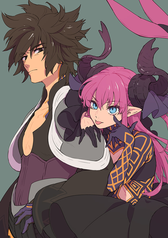 1boy 1girl archimedes_(fate) blue_eyes brown_eyes brown_hair elizabeth_bathory_(corroded) elizabeth_bathory_(corroded)_(fate) elizabeth_bathory_(fate) fate/extella fate/extra fate_(series) gloves grey_background hair_between_eyes horns isshoku_(shiki) long_hair looking_at_viewer navel official_alternate_costume pink_hair pointy_ears simple_background tongue tongue_out