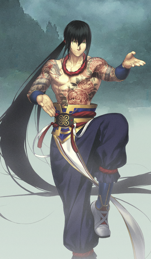 1boy abs absurdly_long_hair arm_tattoo bare_shoulders black_hair bracer chest_tattoo chinese_clothes closed_mouth commentary fate/grand_order fate_(series) flower_tattoo fog foot_out_of_frame full-body_tattoo green_eyes hair_between_eyes hair_tie high-waist_pants leg_up long_hair low_ponytail male_focus nipples official_art outdoors pants pectorals photo_background ponytail puffy_pants purple_pants shima_udon shoes shoulder_tattoo sidelocks smirk standing standing_on_one_leg tassel tattoo third-party_source toned toned_male topless_male very_long_hair white_shoes yan_qing_(fate)