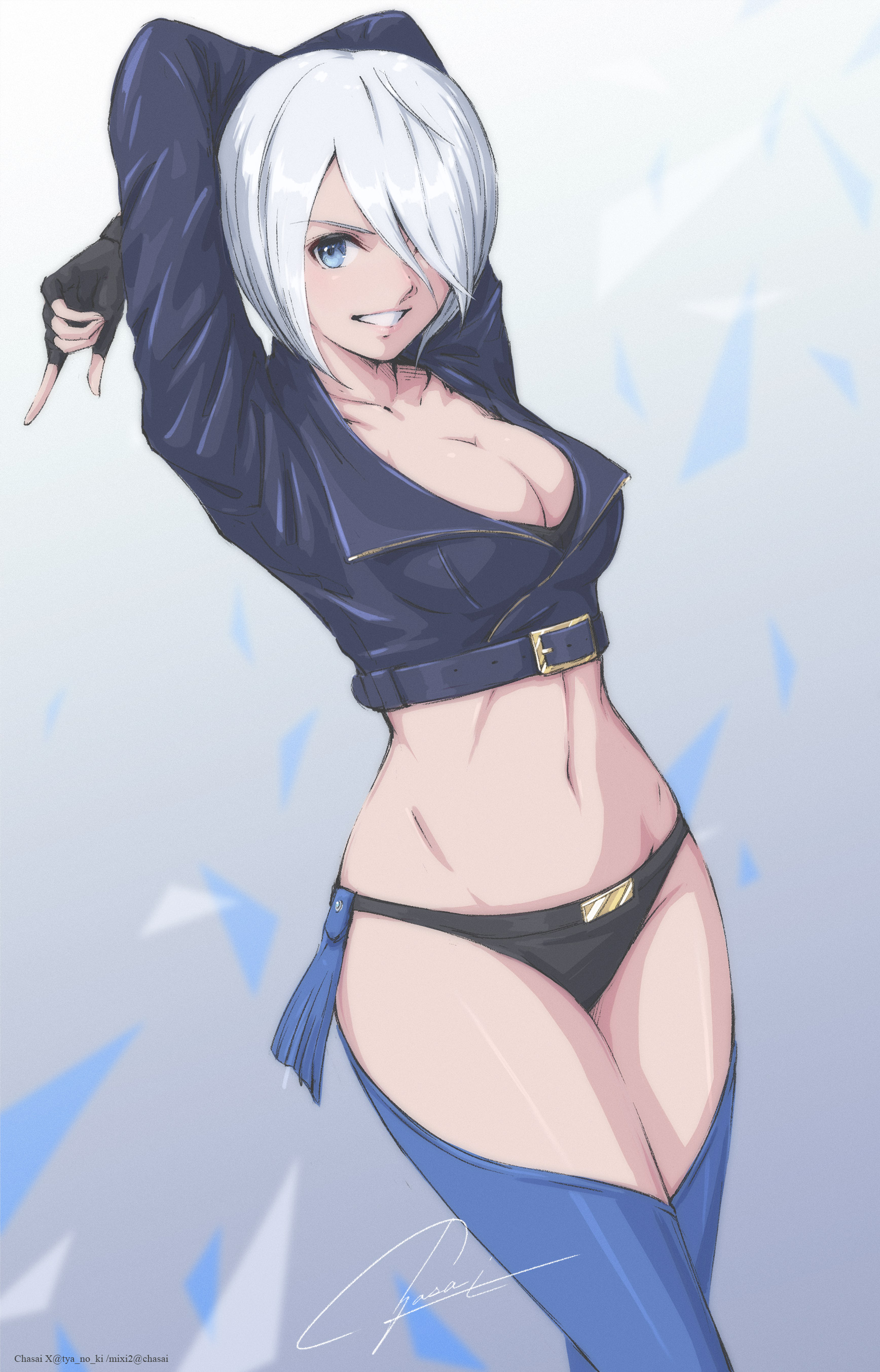 1girl absurdres angel_(kof) backless_pants blue_eyes bra breasts chaps cleavage crop_top cropped_jacket fingerless_gloves gloves hair_over_one_eye highres jacket large_breasts leather leather_jacket looking_at_viewer midriff navel panties pants short_hair smile snk solo strapless strapless_bra the_king_of_fighters the_king_of_fighters_xiv toned toned_female tyanoki underwear white_hair