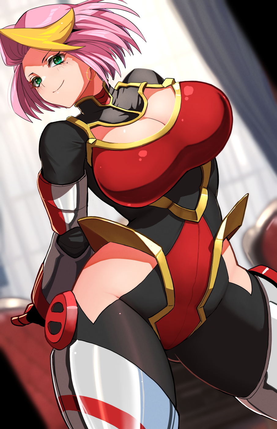 1girl bodysuit breasts cleavage cleavage_cutout clothing_cutout earrings fujioka_yatsufusa green_eyes highres huge_breasts jewelry kamen_america_(comic) kamen_unity large_breasts mole mole_under_eye multicolored_hair pink_hair short_hair smile solo streaked_hair