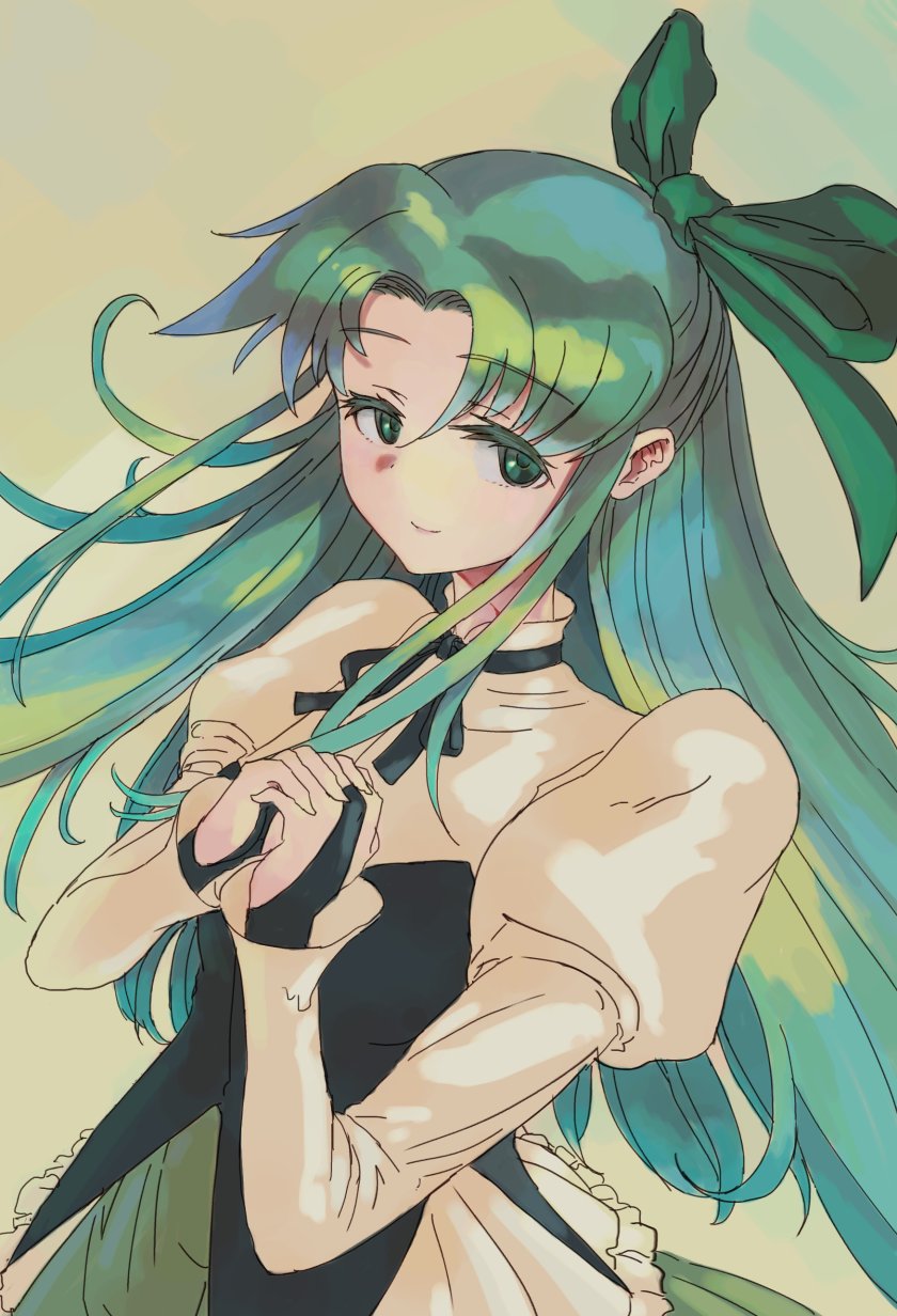 1girl bow bridal_gauntlets collar cowboy_shot fia_(riviera) green_eyes green_hair hair_bow half-closed_eyes highres juliet_sleeves long_hair long_sleeves own_hands_clasped own_hands_together parted_bangs puffy_sleeves riviera smile solo vaison