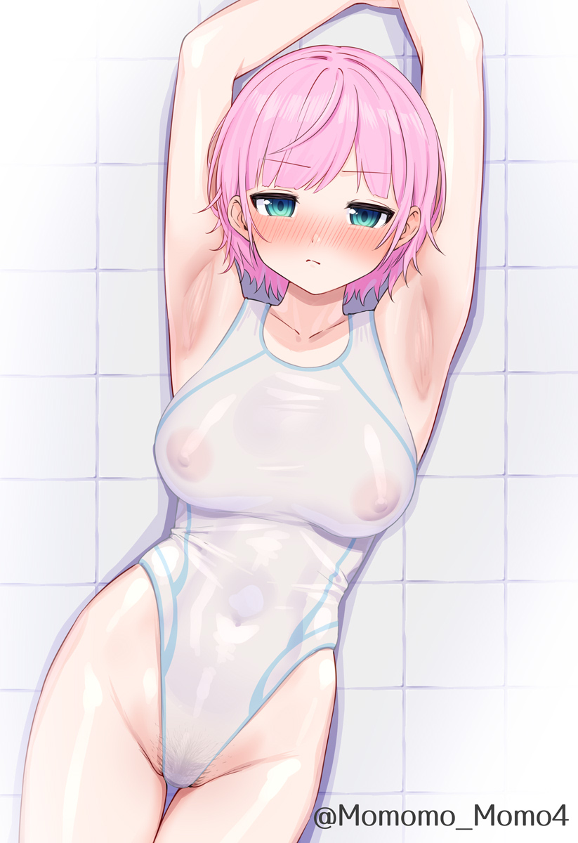 1girl armpits arms_up blue_eyes blush breasts competition_swimsuit covered_erect_nipples covered_navel female_pubic_hair groin highres looking_at_viewer medium_breasts nijisanji one-piece_swimsuit pink_hair presenting_armpit pubic_hair pubic_hair_peek short_hair solo swimsuit virtual_youtuber white_one-piece_swimsuit yoshiwa_tomo yuuhi_riri