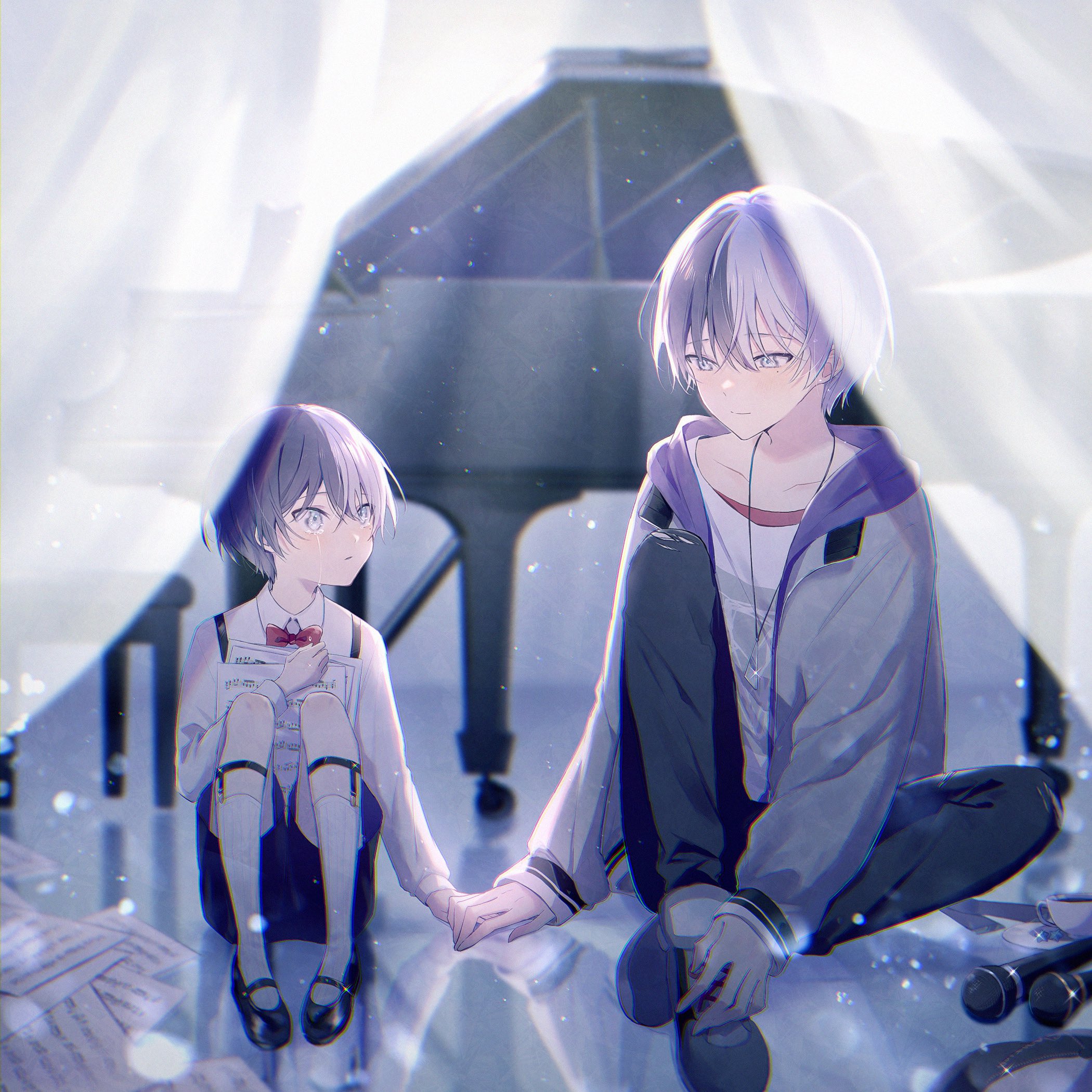 1boy aged_down aoyagi_touya blue_eyes blue_hair blush bow bowtie closed_mouth collared_shirt commentary_request dark_blue_hair full_body hand_up highres hood hood_down hooded_jacket instrument jacket jewelry jishio knee_up knees_up long_sleeves looking_at_another multicolored_hair necklace on_floor open_clothes open_jacket pants parted_lips piano piano_bench project_sekai red_bow red_bowtie sheet_music shirt short_hair sitting skirt socks split-color_hair suspender_skirt suspenders torn_clothes torn_pants two-tone_hair white_shirt white_socks