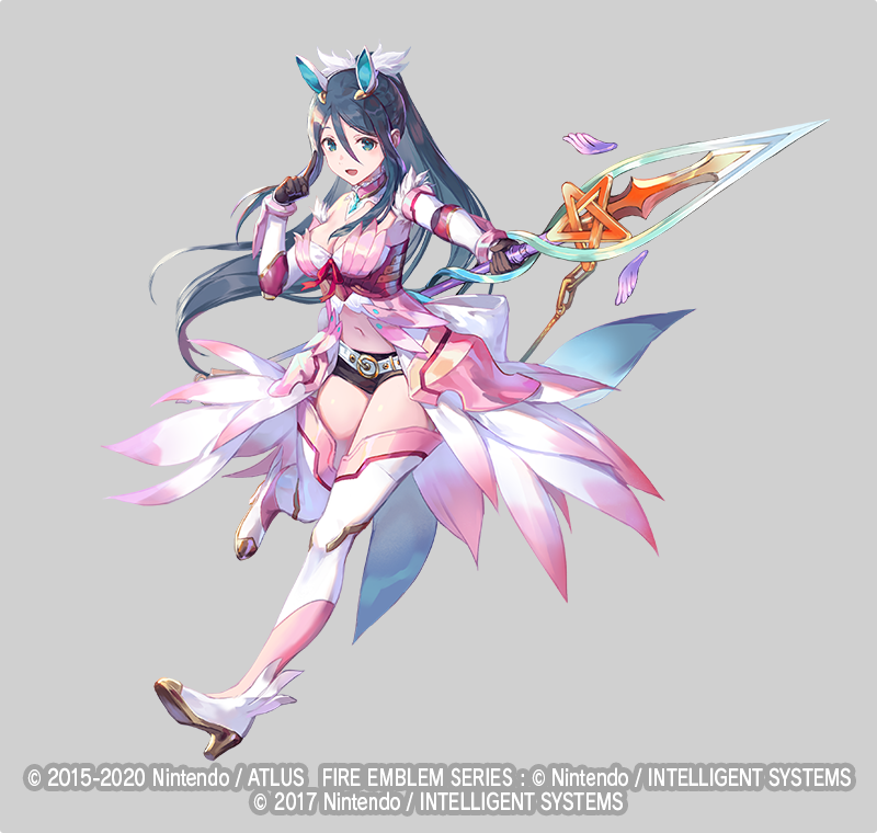 1girl azu-taro belt belt_buckle black_shorts blue_eyes blue_hair boots breasts buckle caeda_(fire_emblem) choker cleavage fire_emblem fire_emblem_heroes full_body gloves grey_background helmet high_heel_boots high_heels large_breasts long_hair midriff navel nintendo official_art one_eye_closed open_mouth oribe_tsubasa polearm ponytail short_shorts shorts sparkle spear thigh_boots thighhighs tokyo_mirage_sessions_fe weapon