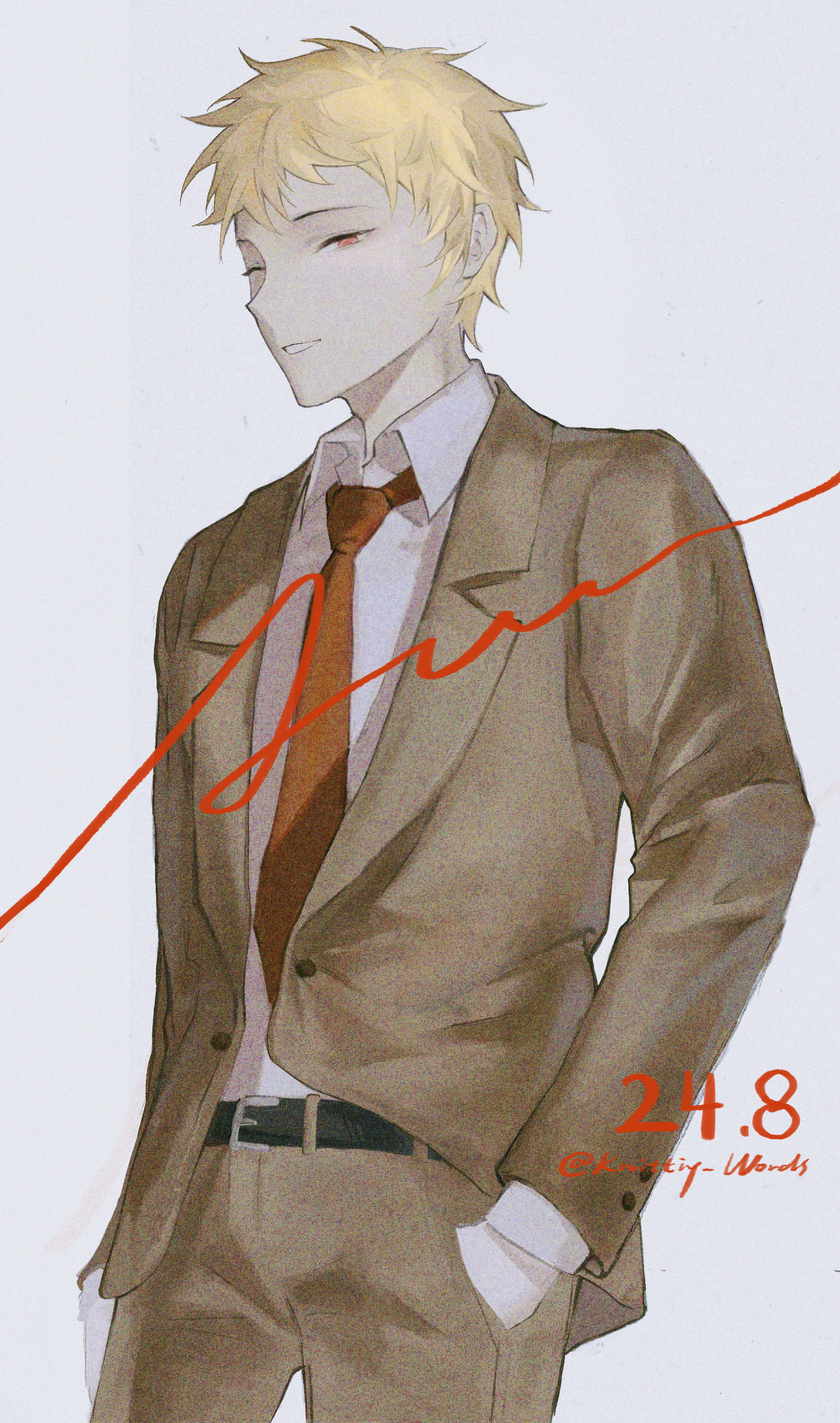 1boy absurdres alternate_costume atou_haruki belt belt_buckle black_belt blonde_hair brown_jacket brown_pants buckle chinese_commentary collared_shirt commentary_request cowboy_shot dated film_grain grey_background hand_in_pocket highres jacket lapels male_focus necktie notched_lapels one_eye_closed pants red_eyes red_necktie saibou_shinkyoku shirt short_hair solo zhiyanpianyu55126
