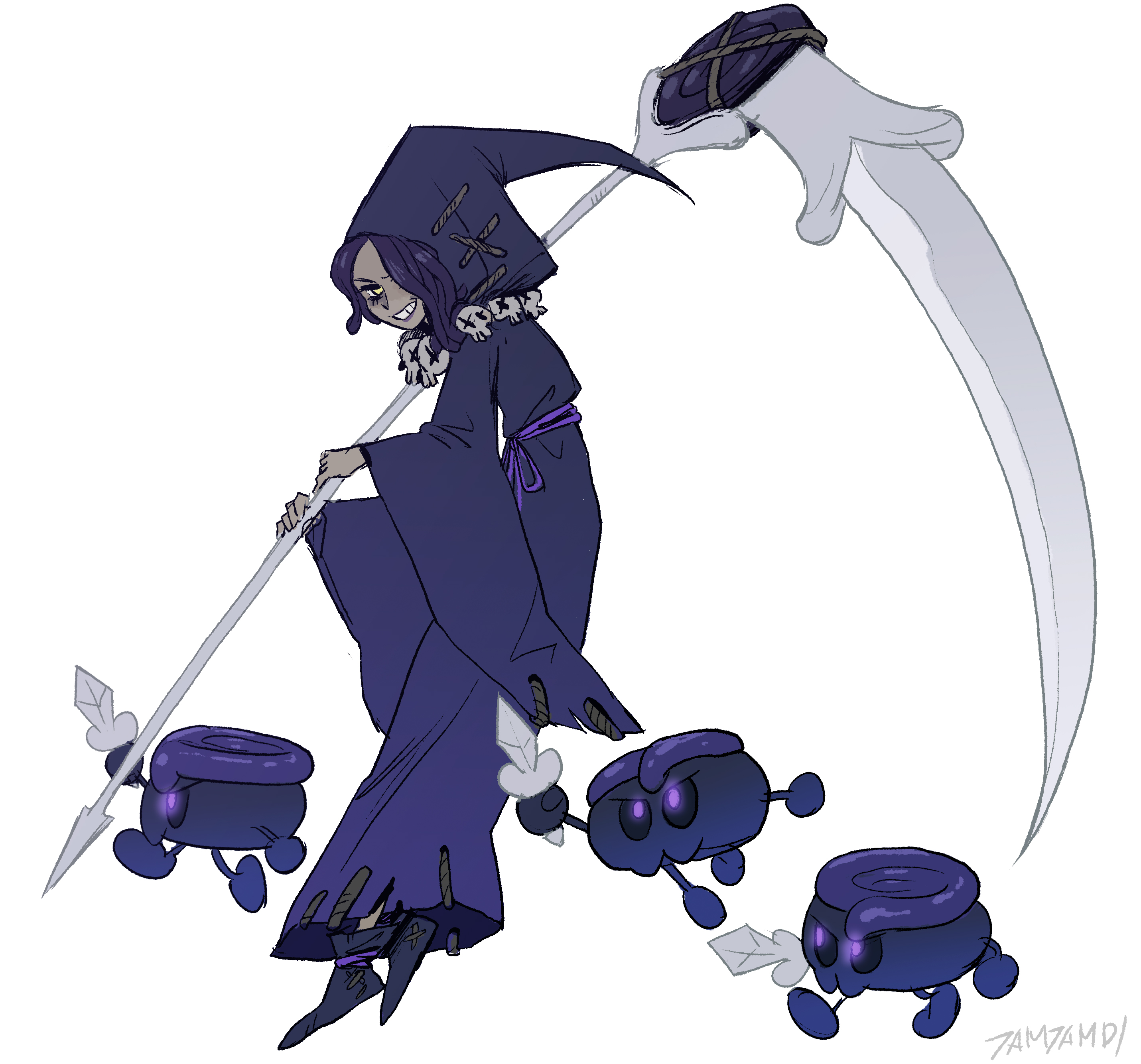 1girl absurdres black_hair black_robe cookie_run cookie_run:_kingdom dagger full_body grin hair_over_one_eye highres holding holding_dagger holding_knife holding_scythe holding_weapon jewelry knife licorice_cookie looking_at_viewer necklace over_shoulder robe scythe signature simple_background skull_necklace smile tamtamdi weapon weapon_over_shoulder white_background yellow_eyes