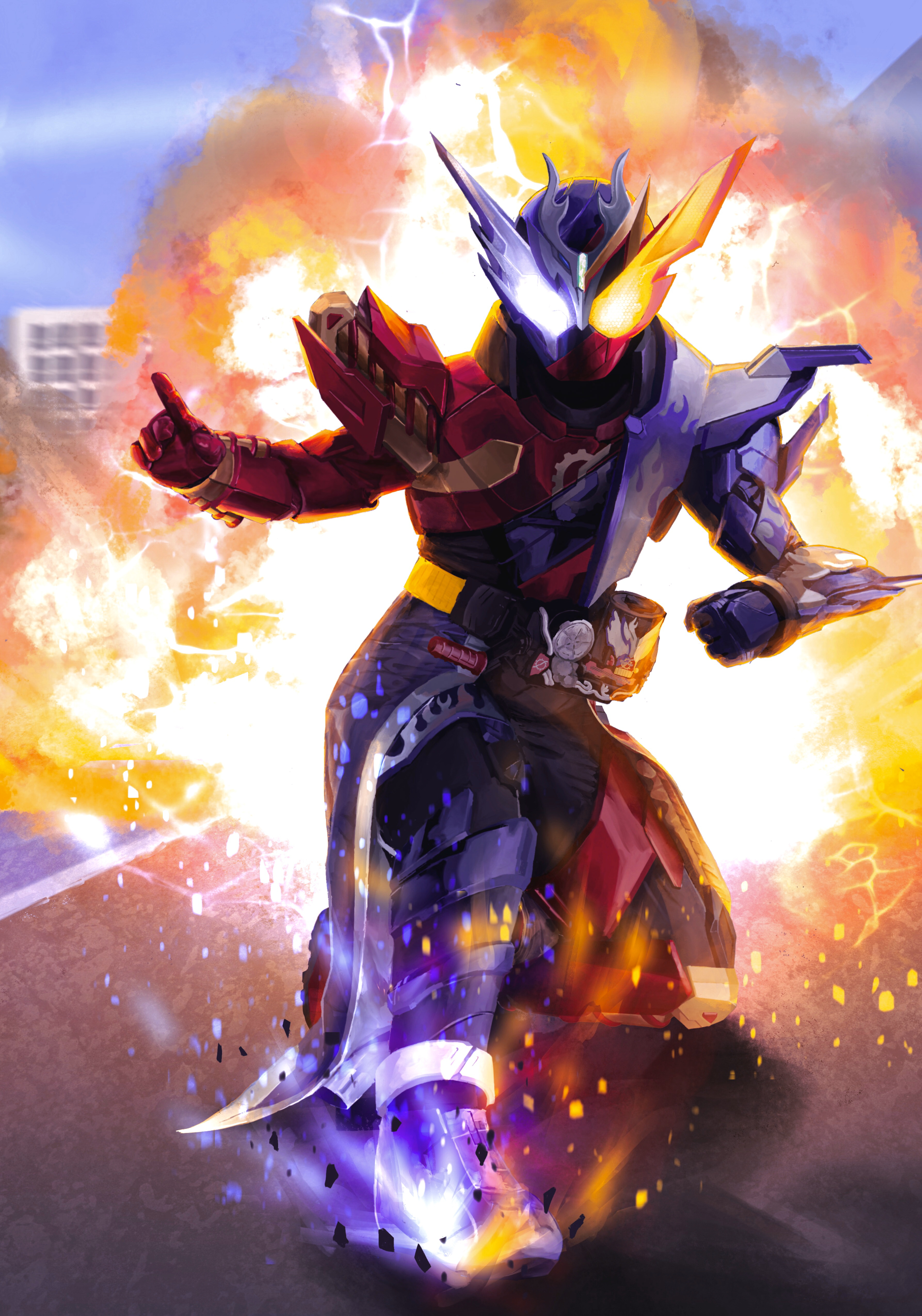 1boy absurdres animal_ears armor asymmetrical_footwear asymmetrical_gloves asymmetrical_legwear blue_armor blue_eyes blue_footwear blue_sky build_driver city cityscape cloud coattails cross-zbuild_form dragon flame_print gloves glowing glowing_eyes heterochromia highres kamen_rider kamen_rider_build kamen_rider_build_(series) kamen_rider_cross-z kamen_rider_cross-zbuild landing lightning looking_at_viewer male_focus mismatched_footwear mismatched_gloves mismatched_legwear rabbit_ears red_armor red_footwear rider_belt sky squatting suzune315 tokusatsu yellow_eyes