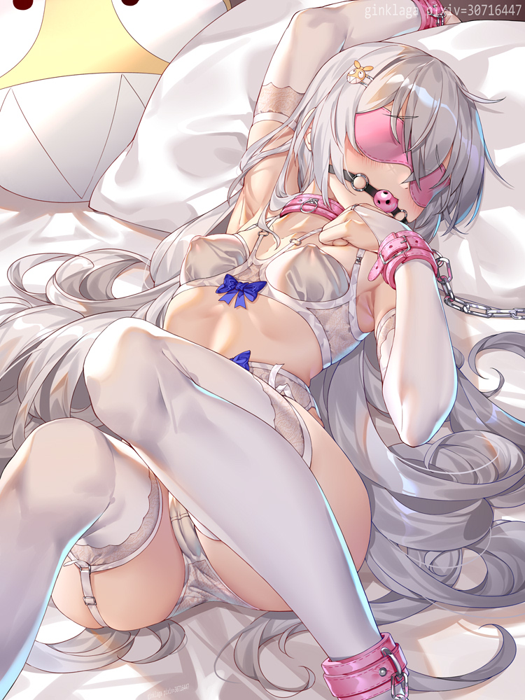 1girl armpits ball_gag bare_shoulders bdsm blindfold blush bondage bondage_cuffs bound bra breasts bronya_zaychik cameltoe collar collarbone colored_blindfold cuffs elbow_gloves gag gagged garter_belt garter_straps ginklaga gloves grey_hair honkai_(series) honkai_impact_3rd leash loli long_hair panties shackles skindentation slave small_breasts solo stomach thighhighs underwear very_long_hair white_bra white_gloves white_panties white_thighhighs wiffle_gag
