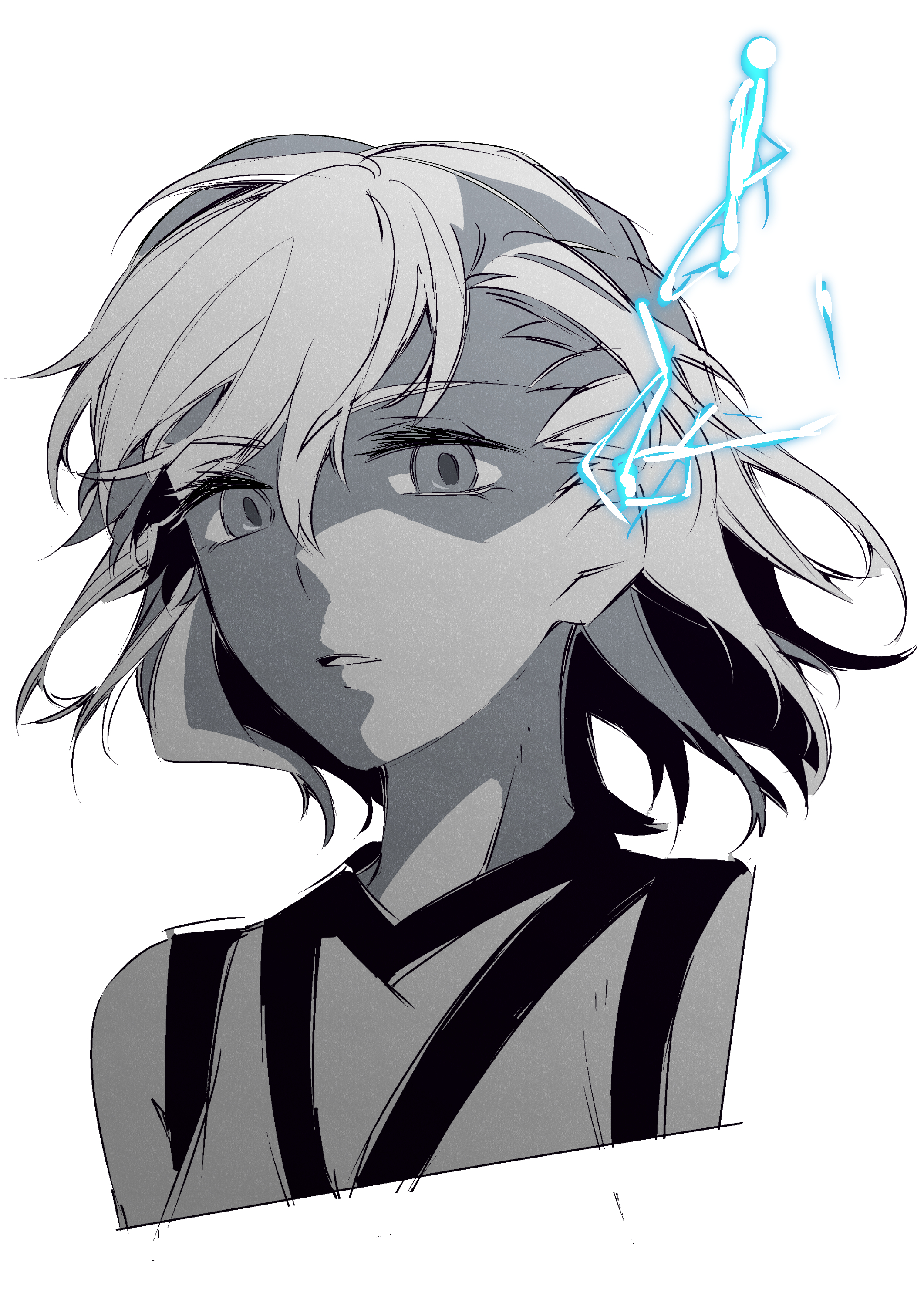 1girl absurdres commentary_request cropped_arms cropped_torso electricity electrokinesis empty_eyes greyscale gym_shirt hair_between_eyes higashizukihi_sei highres looking_at_viewer medium_hair misaka_mikoto monochrome parted_lips psychic shirt simple_background sketch solo spot_color toaru_kagaku_no_railgun toaru_majutsu_no_index tokiwadai_school_gym_uniform upper_body white_background