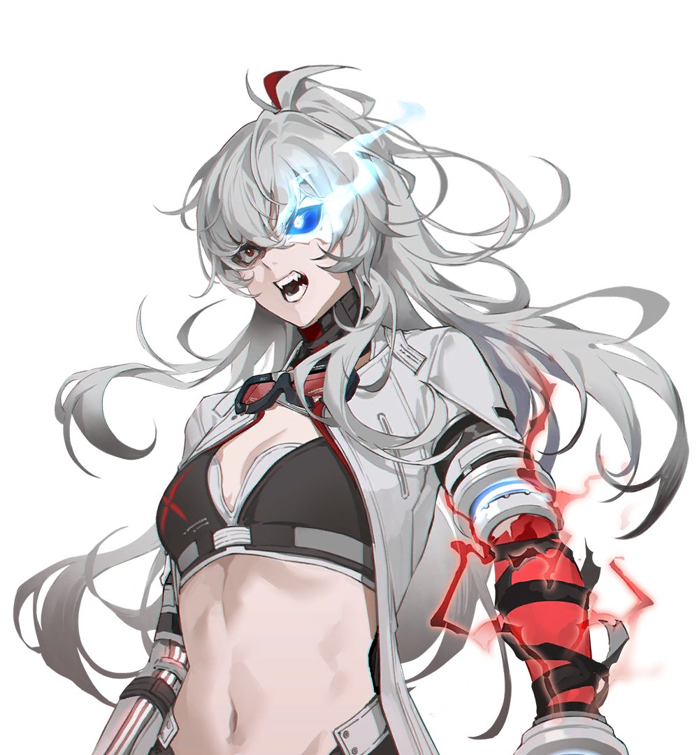1girl alpha_(pgr) angry asymmetrical_sleeves blue_fire breasts cleavage coat commentary_request crop_top eyes_in_shadow fire flaming_eye glowing glowing_eye goggles goggles_around_neck hair_between_eyes high_ponytail korean_commentary linea_alba lucia:_crimson_abyss_(pgr) lucia:_crimson_weave_(pgr) mismatched_sleeves myam_(123ab456c) navel open_clothes open_coat open_mouth ponytail punishing:_gray_raven red_lightning sharp_teeth simple_background small_breasts solo stomach teeth unworn_eyewear upper_body white_background white_coat white_hair
