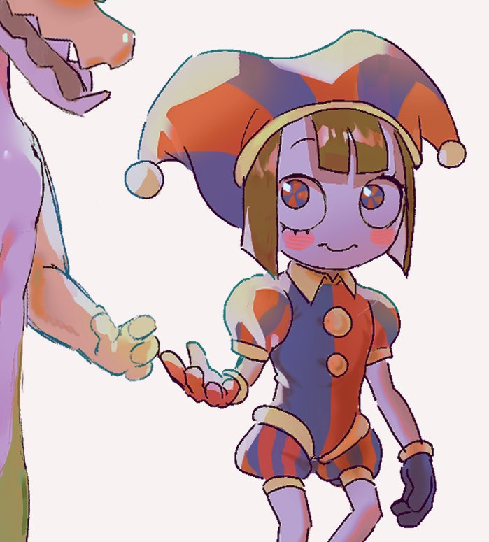 1boy 1girl artist_request crocodile_boy dentures gloves gummigoo hat hat_bell jester jester_costume lizardman multicolored_eyes multicolored_hat pomni_(the_amazing_digital_circus) smile striped_cloak striped_clothes striped_headwear the_amazing_digital_circus unfinished vertical-striped_bodysuit vertical-striped_clothes vertical-striped_headwear