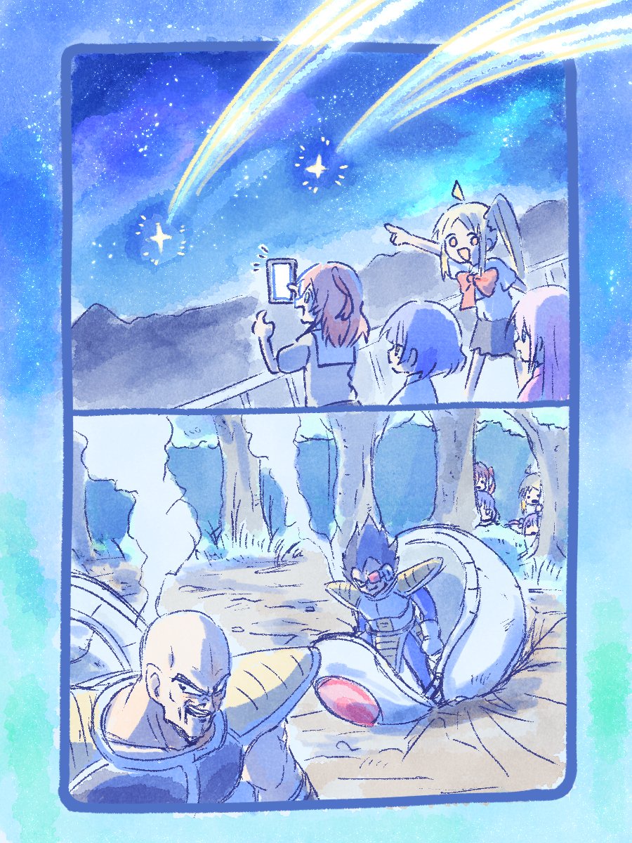 2boys 2koma 4girls ahoge bald blonde_hair blue_hair bocchi_the_rock! comic crossover dragon_ball dragonball_z gotoh_hitori highres ijichi_nijika imasogari jacket kita_ikuyo long_hair multiple_boys multiple_girls nappa pink_hair red_hair saiyan_armor school_uniform scouter short_hair side_ponytail spacecraft spiked_hair track_jacket tree vegeta yamada_ryo