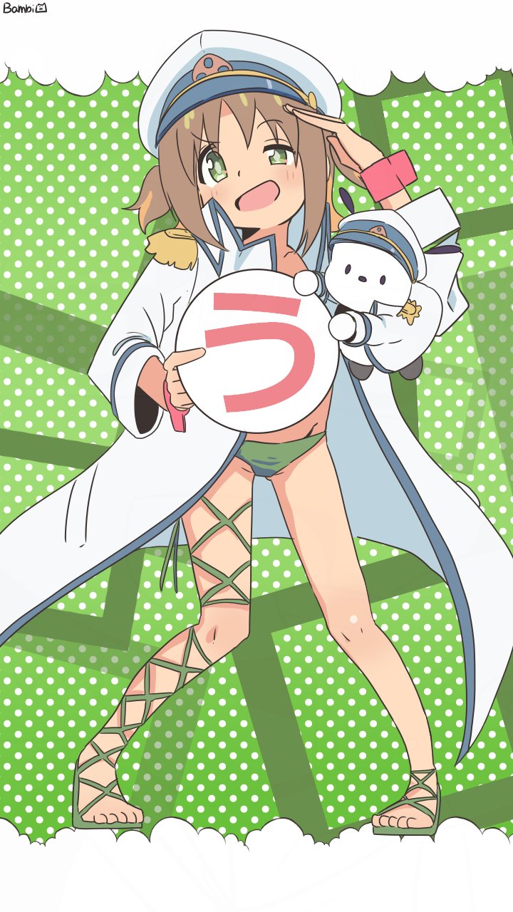 1girl :d ankle_lace-up artist_name bambi2000line bikini brown_hair coat colored_inner_hair commentary diamond-shaped_pupils diamond_(shape) epaulettes full_body green_background green_bikini green_eyes hand_up hat highres long_sleeves looking_at_viewer multicolored_hair oka_asahi onii-chan_wa_oshimai! open_mouth orange_hair peaked_cap polka_dot polka_dot_background salute sandals short_hair simple_background single_bare_leg smile solo swimsuit symbol-shaped_pupils toes translation_request two-tone_hair uneven_eyes white_coat wrist_cuffs