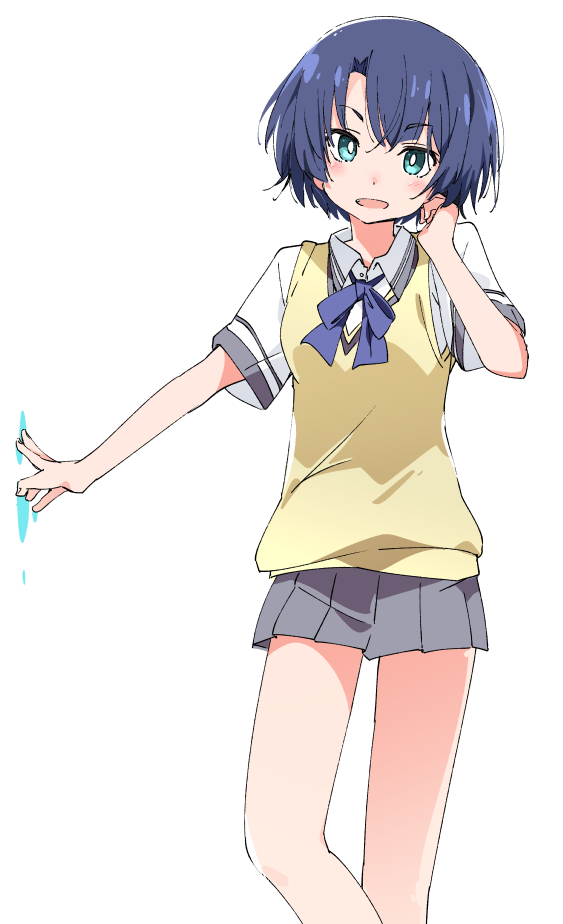 1girl :d ano_natsu_de_matteru aqua_eyes blue_hair blue_neckwear blue_ribbon blush cardigan female_focus grey_skirt ixy looking_at_viewer open_mouth pleated_skirt ribbon short_hair short_sleeves simple_background skirt smile solo standing sweater_vest tanigawa_kanna white_background yellow_cardigan