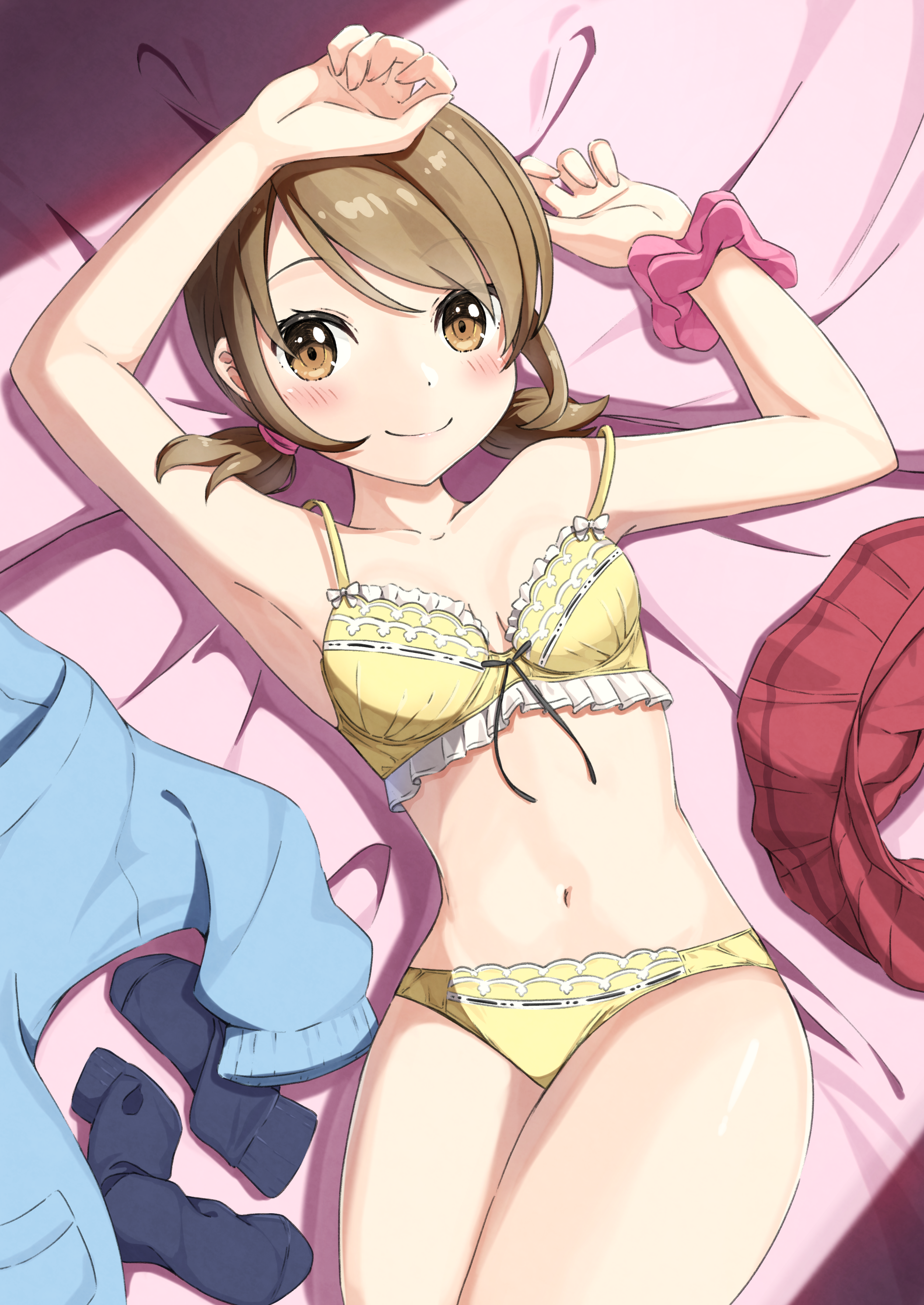 absurdres bra breasts brown_eyes brown_hair commission frilled_bra frills highres lass_(pokemon) light_blush looking_at_viewer low_twintails lying medium_breasts navel negimiso1989 nintendo on_back panties pixiv_commission pokemon pokemon_oras short_twintails skirt smile socks stomach sweater twintails underwear underwear_only unworn_skirt unworn_socks unworn_sweater variant_set yellow_bra yellow_panties
