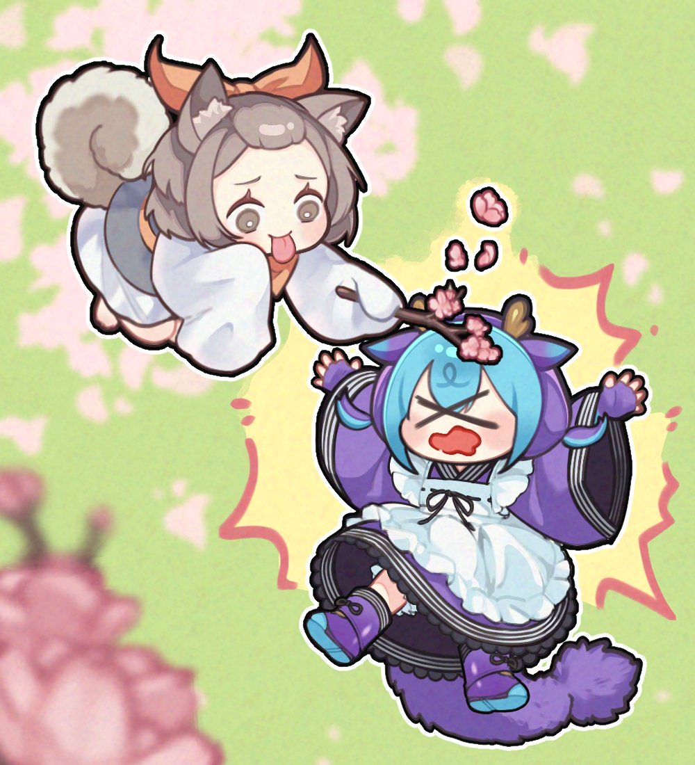 &gt;_&lt; 2girls animal_ears ash_blossom_&amp;_joyous_spring blue_eyes branch cherry chibi dog_ears dog_girl dog_tail dragon_girl dragon_horns dragon_tail duel_monster food forehead fruit full_body gameplay_mechanics grey_eyes grey_hair hitting holding holding_branch horns japanese_clothes kimono laundry_dragonmaid maid multiple_girls purple_kimono senada37 short_kimono tail tongue tongue_out wa_maid yu-gi-oh!
