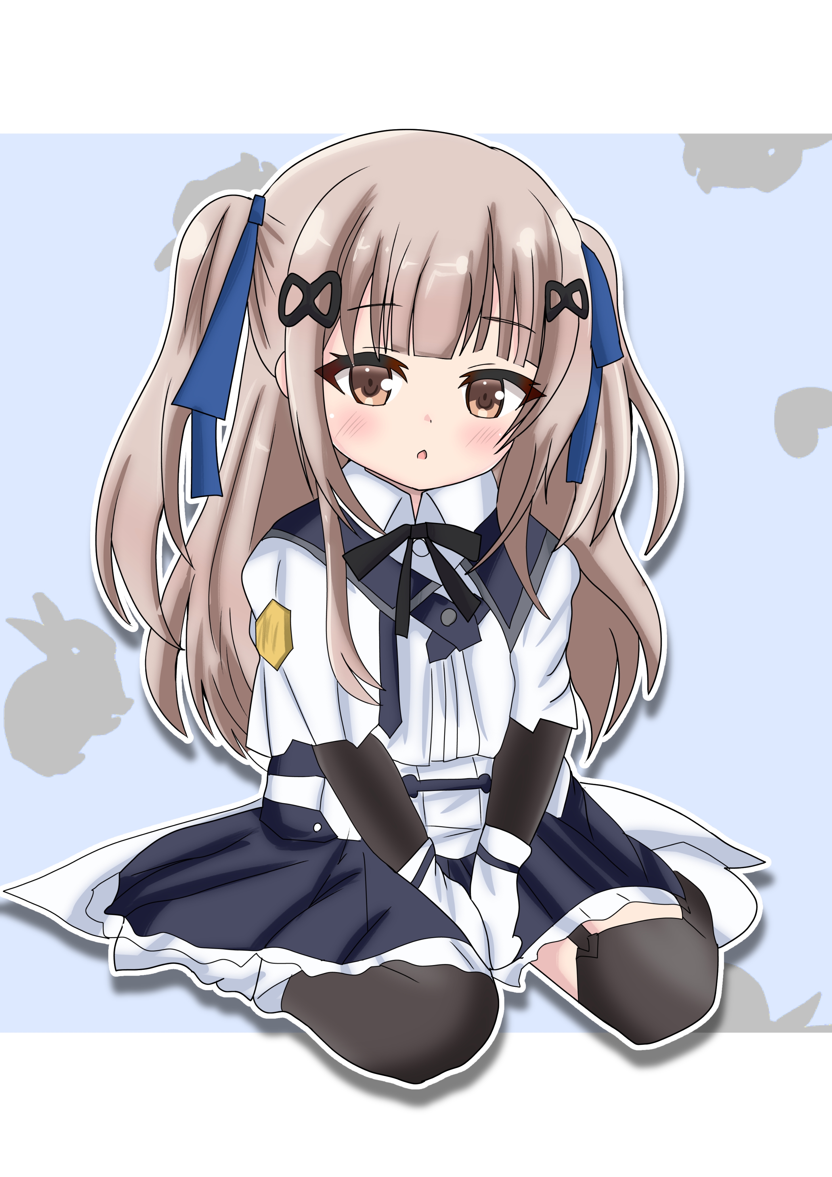 1girl absurdres aged_down assault_lily between_legs black_ribbon black_skirt black_thighhighs blue_background blue_ribbon blunt_bangs blush boots brown_hair capelet child collared_shirt commentary ebisu_nobu frilled_skirt frills full_body garter_straps gloves hair_ornament hair_ribbon hairclip hand_between_legs heart heart_background highres letterboxed long_hair long_sleeves looking_at_viewer miniskirt neck_ribbon outside_border parted_lips rabbit_background ribbon school_uniform shirt sidelocks sitting skirt solo tada_shiera thighhighs two_side_up underbust v_arms wariza white_boots white_capelet white_gloves white_shirt yurigaoka_girls_academy_school_uniform