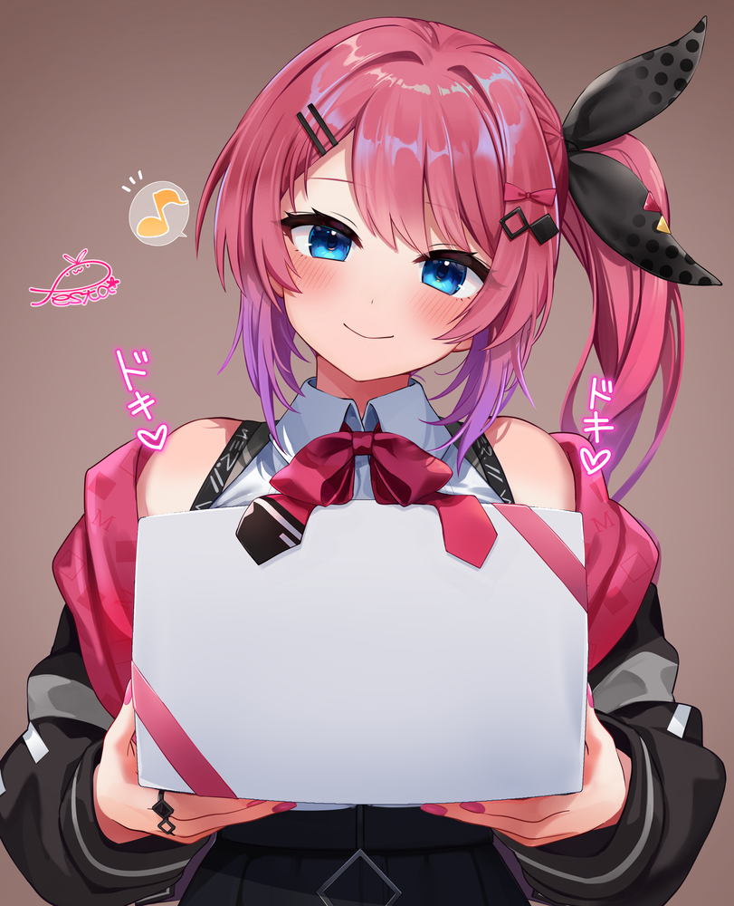 1girl black_hoodie black_ribbon black_skirt blue_eyes blush bow closed_mouth collared_shirt commentary_request commission festa11307070 hair_bow hair_ornament hair_ribbon hairclip hood hoodie kuramochi_meruto kuramochi_meruto_(1st_costume) long_hair long_sleeves looking_at_viewer multicolored_hair nijisanji open_clothes open_hoodie pink_bow pink_hair ribbon shirt side_ponytail signature skeb_commission skirt sleeveless sleeveless_shirt smile two-tone_hair virtual_youtuber white_shirt