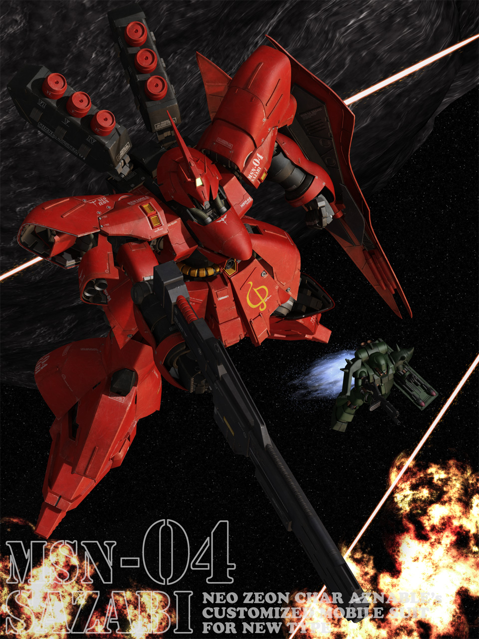 3d battle beam_rifle char&#039;s_counterattack character_name commentary_request energy_beam energy_gun english_text explosion funnels_(gundam) geara_doga gundam highres machinery mecha mecha_focus mobile_suit no_humans robot roundel sazabi science_fiction shield space thrusters tomholy weapon
