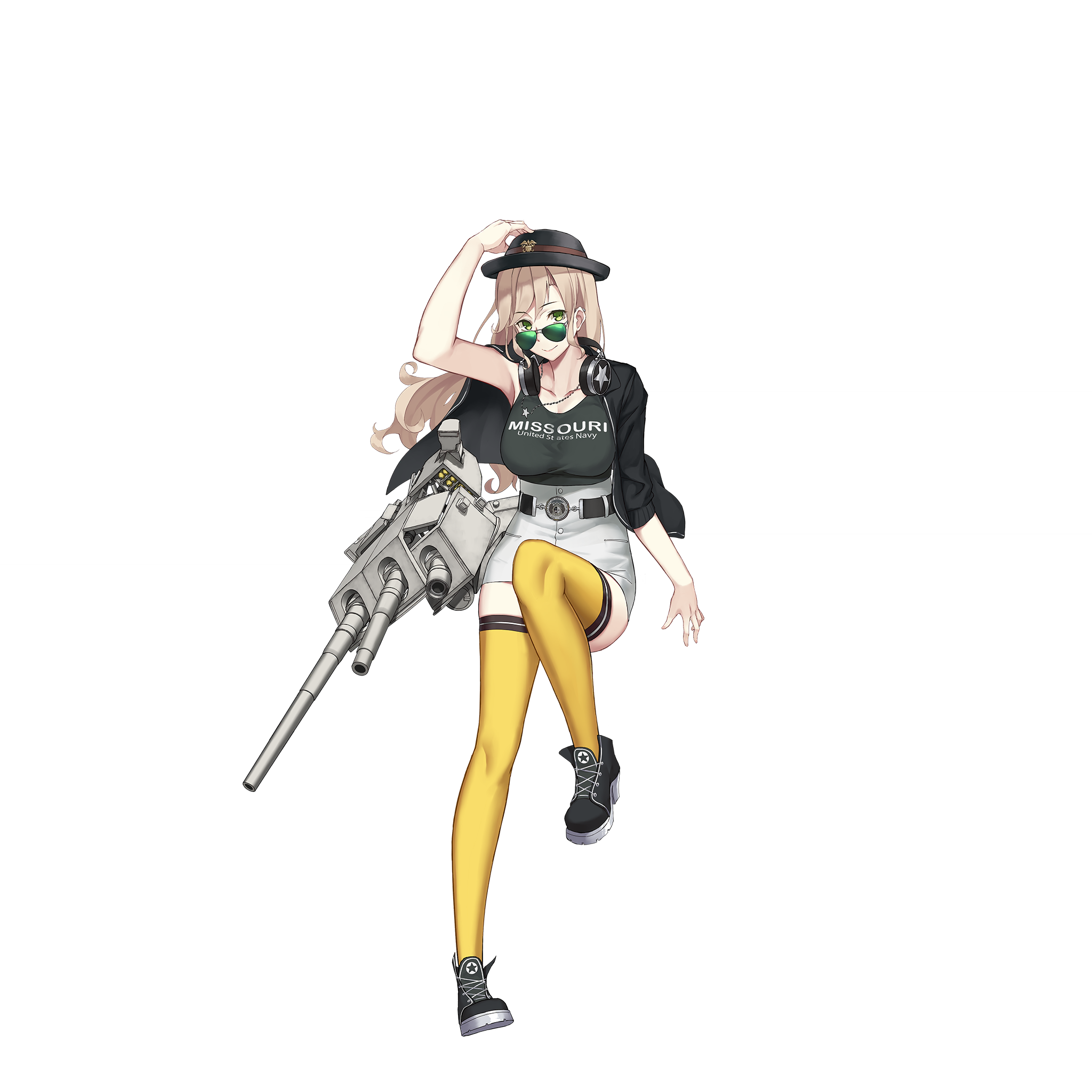 belt black_belt black_footwear black_hat black_jacket black_tank_top blonde_hair green_eyes hat headphones headphones_around_neck highres jacket jewelry long_hair looking_at_viewer looking_over_eyewear miniskirt missouri_(warship_girls_r) necklace official_alternate_costume official_art rigging skirt sunglasses tank_top thighhighs transparent_background warship_girls_r yellow_thighhighs zi_se