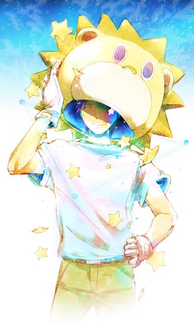 1boy brown_pants closed_eyes commentary_request facing_viewer futatsu_no_spica gloves gradient_background grin hachigou hand_on_own_hip lion_(futatsu_no_spica) lion_mask male_focus mascot_head pants shirt short_sleeves smile solo star_(symbol) white_gloves white_shirt