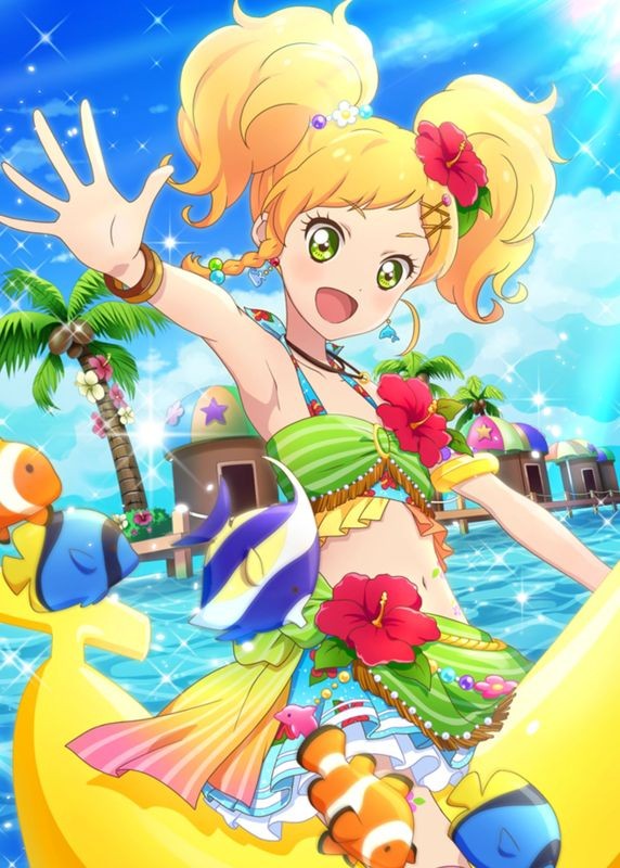 10s 1girl aikatsu! aikatsu!_(series) aikatsu!_photo_on_stage!! aikatsu_stars! angelfish banana_boat beach beads blonde_hair bracelet butterflyfish cloud clownfish coconut_tree day dolphin_pendant fish floral_print flower green_eyes hair_flower hair_ornament hibiscus hibiscus_print jewelry necklace nikaido_yuzu ocean open_mouth outdoors palm_tree sky sleeveless smile sunlight tree tropical_fish twintails water