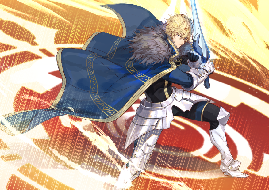 1boy black_bodysuit blonde_hair blue_eyes bodysuit coat coat_on_shoulders covered_abs excalibur_galatine_(fate) fate/grand_order fate_(series) feet_out_of_frame from_below fur_trim gauntlets gawain_(fate) light_particles male_focus pectorals planted planted_sword planted_weapon solo sword toned toned_male type-moon weapon woonak