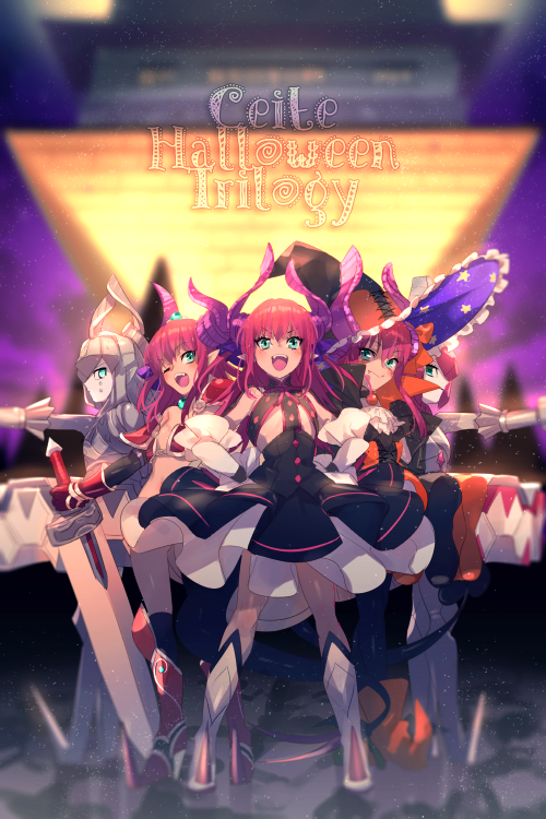 5girls armor asymmetrical_horns bare_shoulders bikini_armor black_dress blue_eyes blush breasts cape curled_horns dragon_girl dragon_horns dragon_tail dress echo_(circa) elizabeth_bathory_(brave)_(fate) elizabeth_bathory_(fate) elizabeth_bathory_(fate/extra) elizabeth_bathory_(first_ascension)_(fate) elizabeth_bathory_(halloween_caster)_(fate) fate/extra fate/grand_order fate_(series) hair_ribbon halloween_costume hat horns long_hair looking_at_viewer mecha_eli-chan_(fate) mecha_eli-chan_mk.ii_(fate) multiple_girls multiple_persona open_mouth pauldrons pink_hair pointy_ears red_armor ribbon robot shoulder_armor small_breasts smile striped_clothes striped_dress sword tail two_side_up uneven_horns vertical-striped_clothes vertical-striped_dress weapon white_cape witch_hat