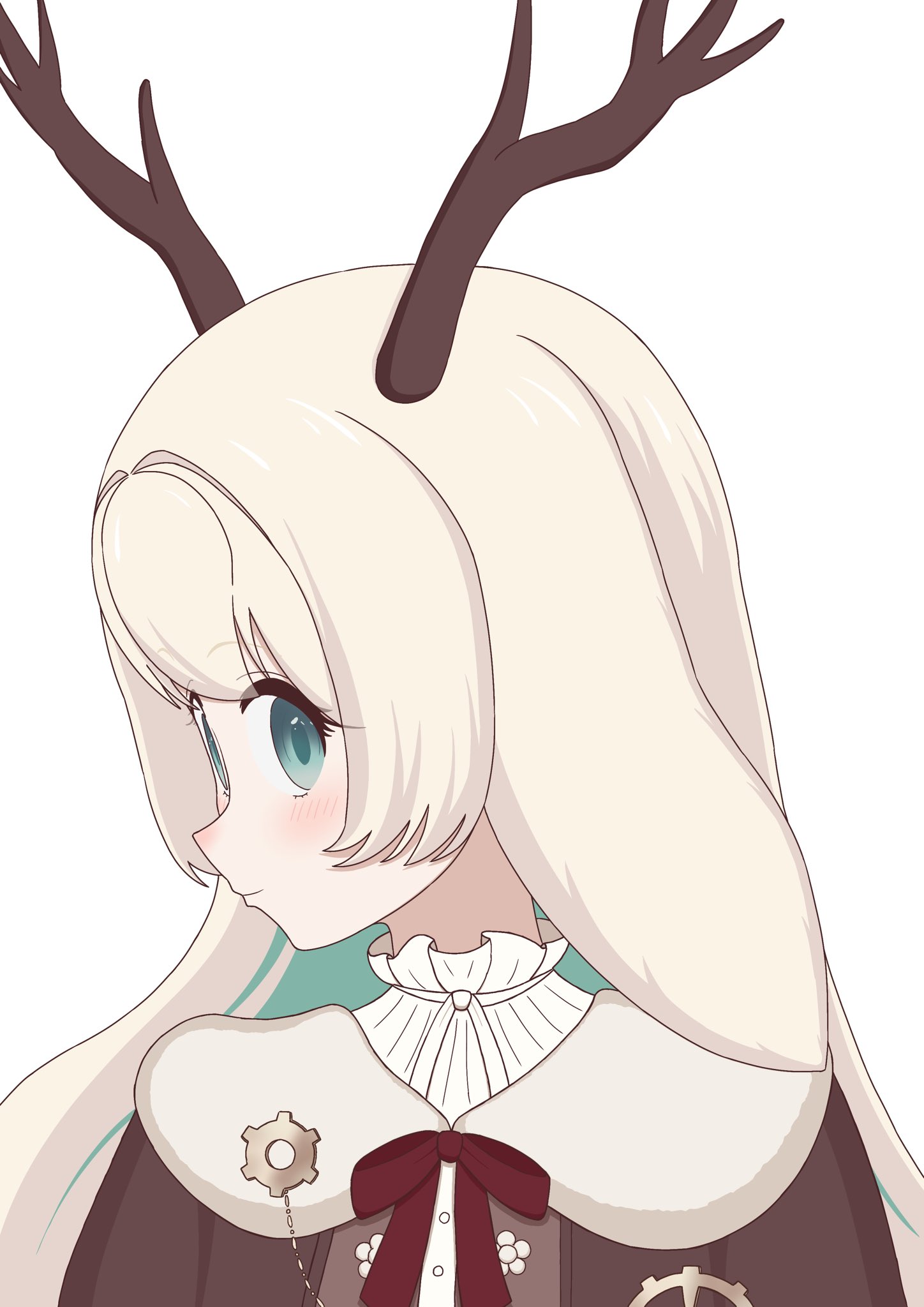 1girl animal_ears antlers awotaka blonde_hair blue_eyes blue_hair blush bow bowtie brown_bow brown_bowtie brown_jacket closed_mouth colored_inner_hair commentary floppy_ears highres horns jacket long_hair looking_at_viewer looking_to_the_side multicolored_hair nanashi_inc. rabbit_ears rabbit_girl shirt simple_background smile solo symbol-only_commentary tsukinoki_tirol upper_body virtual_youtuber white_background white_shirt