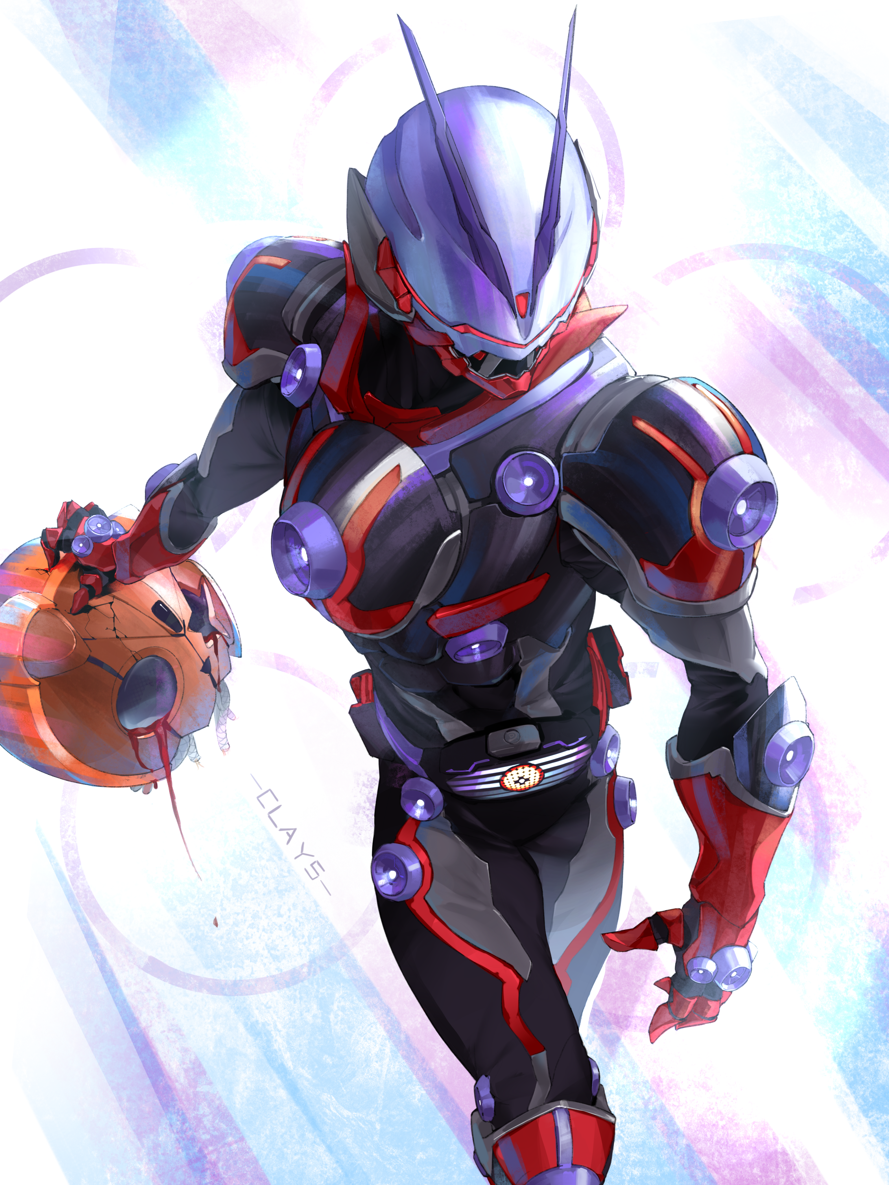 1boy abs absurdres after_battle armor black_armor black_bodysuit blood bodysuit bug clays_(clayschan) rider_belt gloves glowing grasshopper helmet highres holding holding_helmet insect kamen_rider kamen_rider_geats_(series) kamen_rider_glare kamen_rider_punkjack male_focus manly open_hand power_armor purple_eyes red_armor red_gloves rider_belt tokusatsu toned toned_male twisted_torso vision_driver visor_(armor)