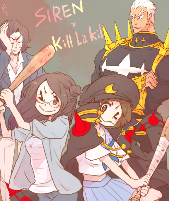 &gt;_o 2boys 2girls :&gt; anno_yoriko baseball_bat black_hair black_hat blue_neckerchief blue_sailor_collar blue_skirt breasts brown_eyes brown_hair closed_mouth commentary_request copyright_name crossover dai_(mebae16) facepalm gamagoori_ira glasses hair_bun hat holding holding_baseball_bat jacket jacket_on_shoulders kill_la_kill long_hair long_sleeves looking_at_viewer mankanshoku_mako medium_breasts midriff miniskirt mouth_hold multiple_boys multiple_girls nail nail_(hardware) nail_bat neckerchief one_eye_closed open_clothes open_jacket pleated_skirt sailor_collar school_uniform serafuku short_hair short_sleeves single_hair_bun siren_(series) siren_1 skirt spikes squiggle stalk_in_mouth sweatdrop takeuchi_tamon v-shaped_eyebrows white_hair