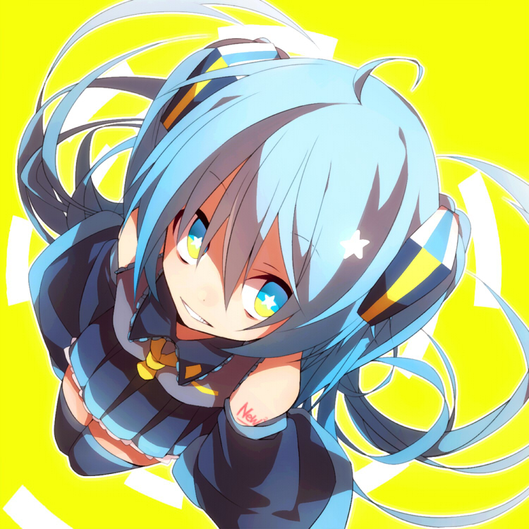 aka_tonbo_(lililil) aqua_eyes aqua_hair grin hatsune_miku long_hair long_sleeves necktie smile solo twintails vocaloid