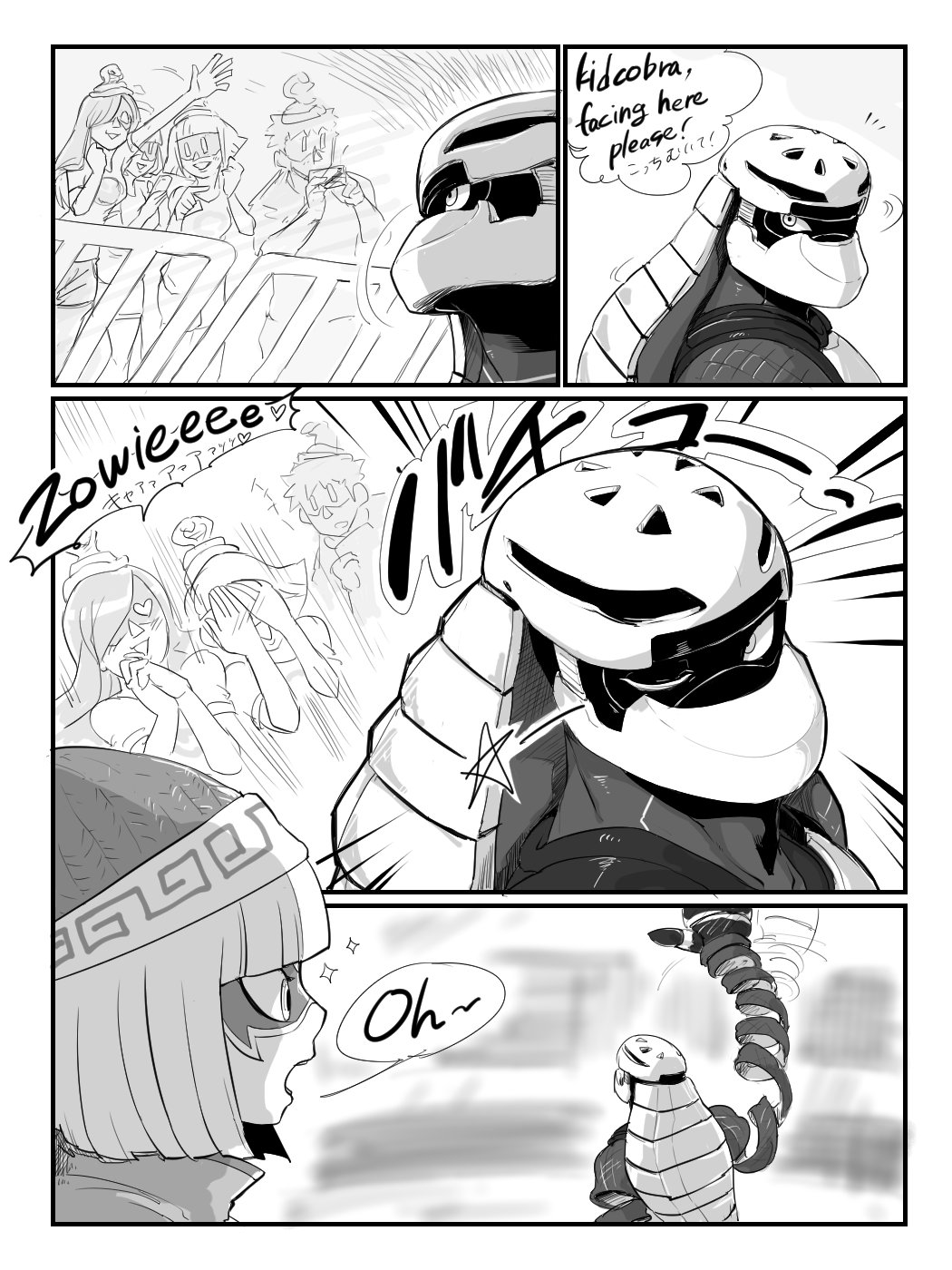 1boy arms_(game) beanie chinese_clothes domino_mask english_text facepaint greyscale hat helmet highres kid_cobra long_arms long_hair looking_at_viewer male_focus mask min_min_(arms) monochrome multiple_girls one_eye_closed short_hair simple_background smile