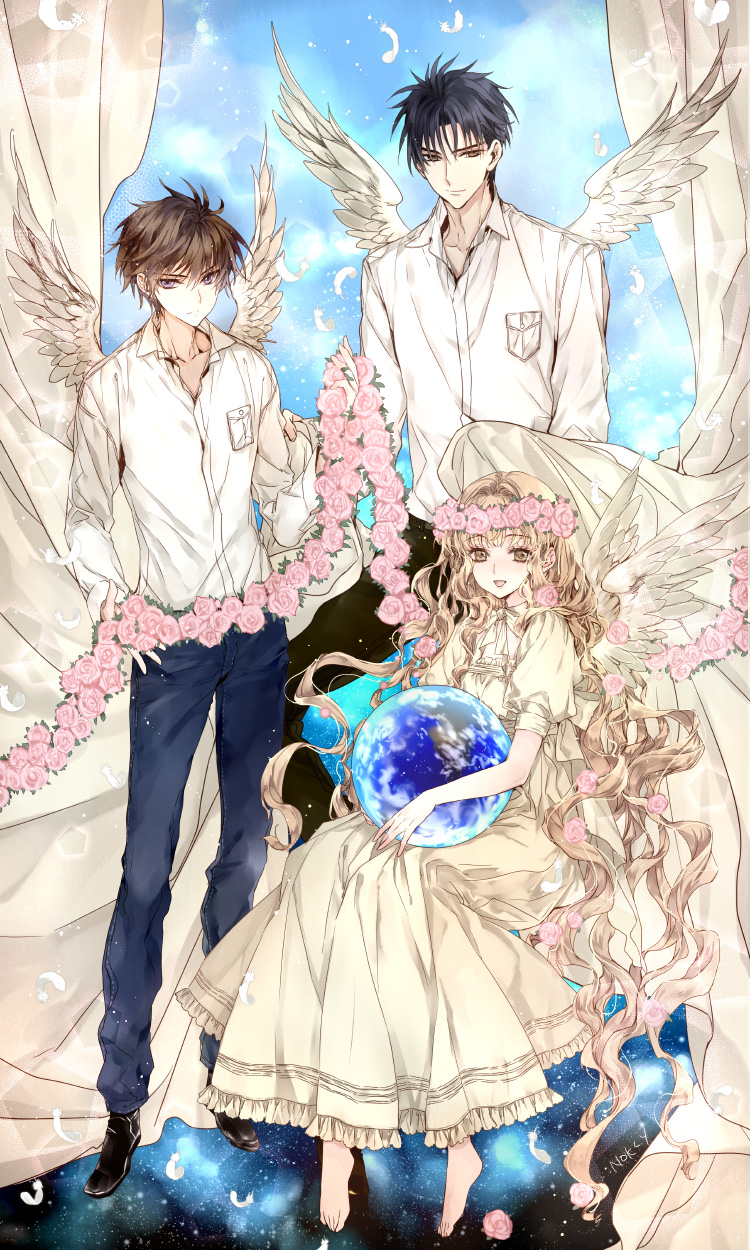 1girl 2boys angel_wings barefoot black_hair blonde_hair blue_eyes brown_eyes earth_(planet) flower hachini highres holding long_hair monou_fuma monou_kotori multiple_boys shirou_kamui short_hair smile wavy_hair wings x_(manga)