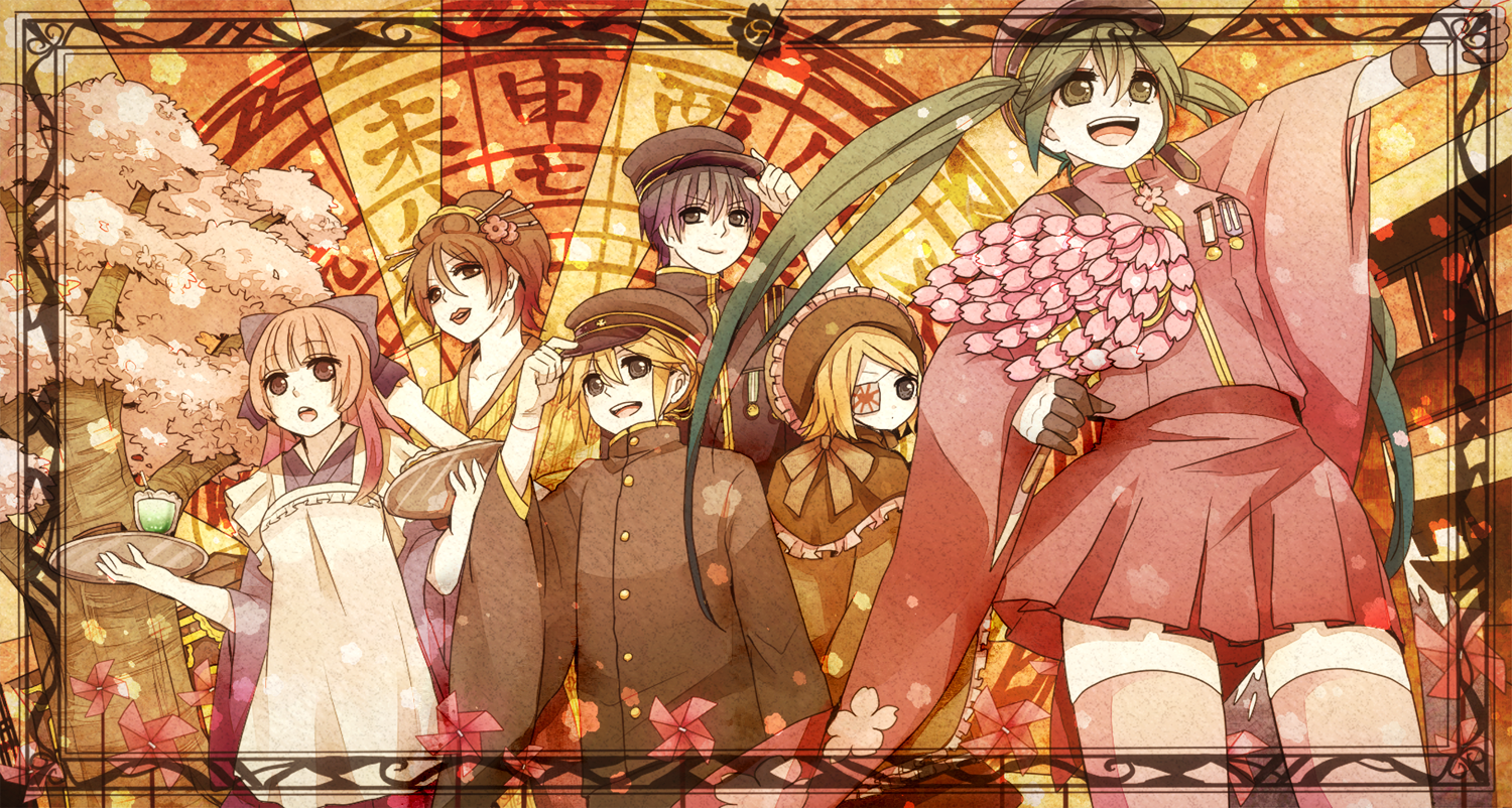 2boys 4girls apron as567 bad_id bad_pixiv_id cherry_blossoms eyepatch gloves hat hatsune_miku headdress japanese_clothes kagamine_len kagamine_len_(ni_no_sakura_senbu) kagamine_rin kagamine_rin_(ni_no_sakura_kouchou) kaito_(rei_no_sakura_sousetsu)_(vocaloid) kaito_(vocaloid) megurine_luka megurine_luka_(san_no_sakura_fuuka) meiko_(rei_no_sakura_benitsubaki)_(vocaloid) meiko_(vocaloid) miniskirt mojisuke multiple_boys multiple_girls peaked_cap pinwheel pleated_skirt pointing red_skirt senbon-zakura_(vocaloid) skirt thighhighs twintails vocaloid