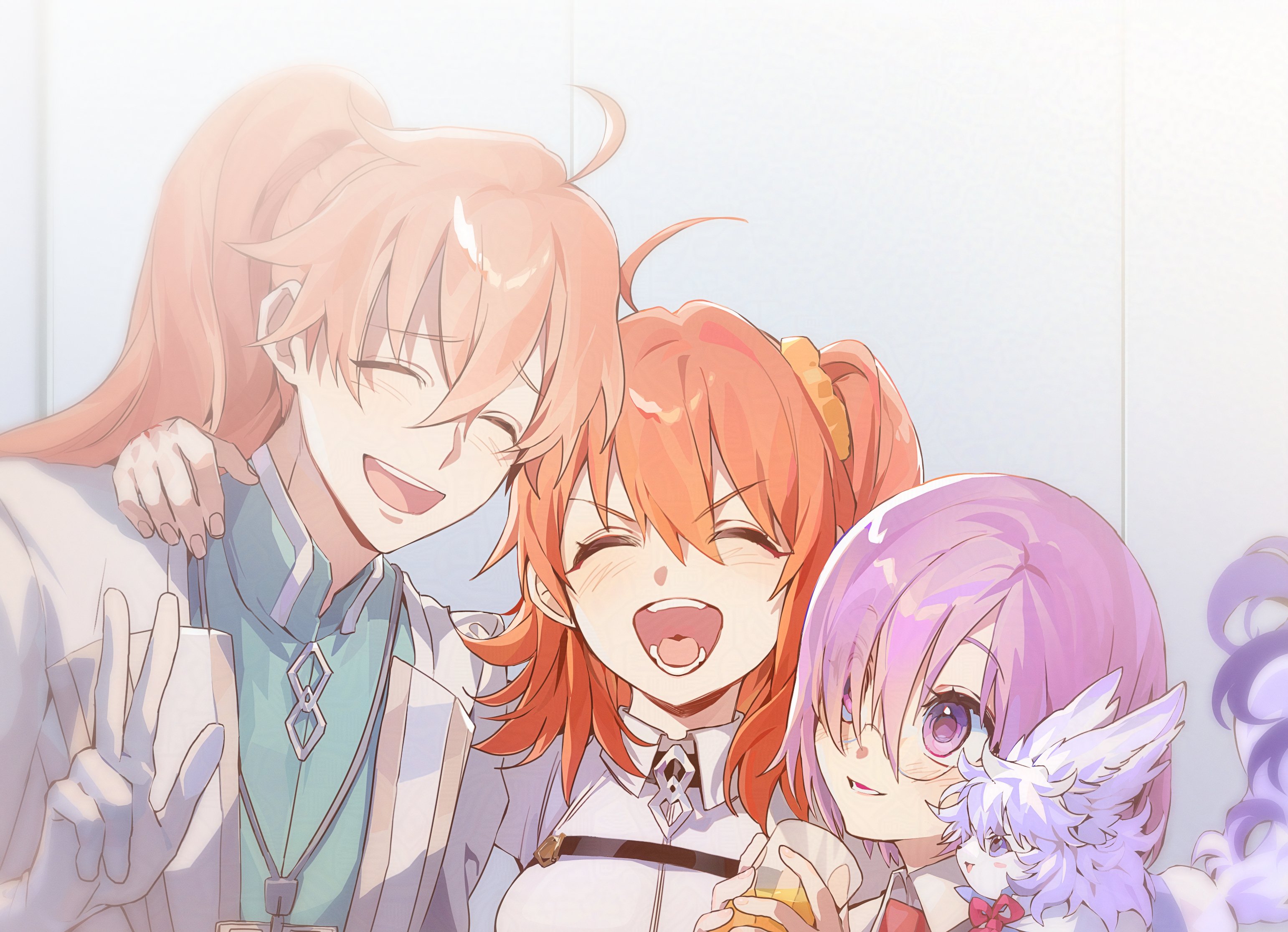 0304rong0304 1boy 2girls :d ^_^ adversarial_noise ahoge arm_around_shoulder blush chaldea_logo chaldea_uniform closed_eyes coat collared_jacket commentary_request cup eyes_visible_through_hair facing_viewer fate/grand_order fate_(series) fou_(fate) fujimaru_ritsuka_(female) hair_between_eyes hair_ornament hair_over_one_eye hair_scrunchie half_updo hand_on_another's_shoulder highres holding holding_cup jacket korean_commentary lanyard long_hair long_sleeves looking_at_another mash_kyrielight multiple_girls open_mouth orange_hair orange_scrunchie ponytail purple_eyes purple_hair romani_archaman scrunchie short_hair smile v-shaped_eyebrows w white_coat white_jacket wing_collar