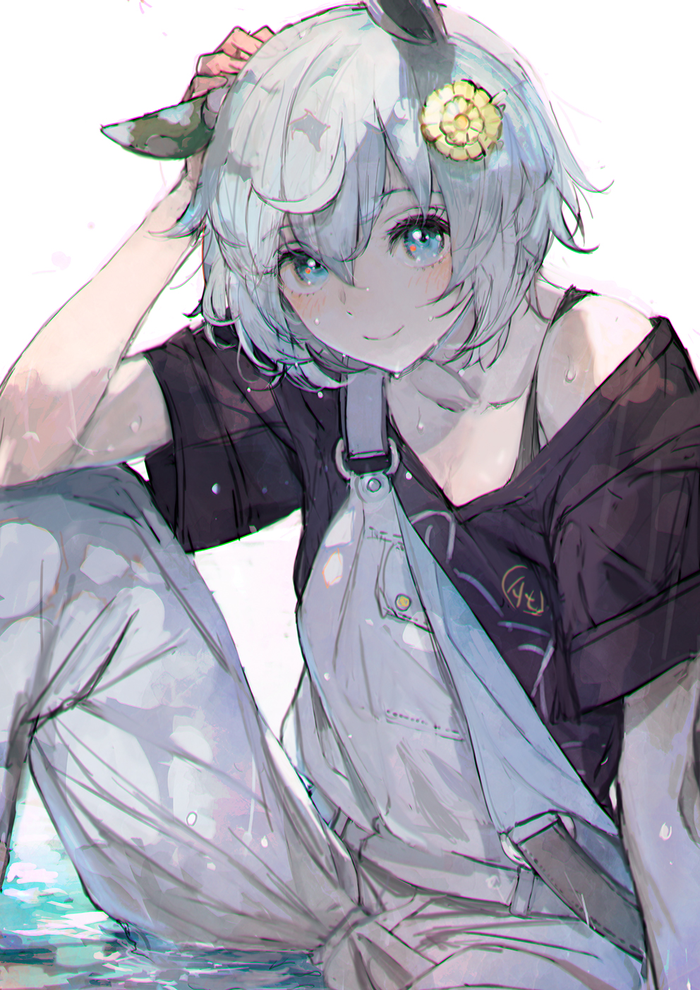 1girl animal_ears black_shirt blue_eyes blush casual commentary denim_overalls ear_covers grey_hair hair_between_eyes hair_ornament hairclip highres horse_ears horse_girl looking_at_viewer overalls partially_submerged seiun_sky_(umamusume) shirt short_hair simple_background single_ear_cover sitting smile solo t-shirt toi8 umamusume white_background