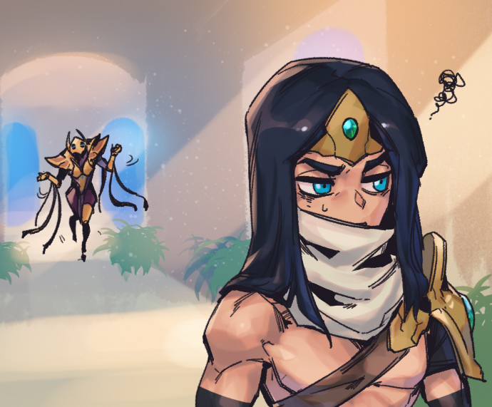 1boy 1girl annoyed armor azir black_hair forehead_protector full_armor genderswap genderswap_(ftm) genderswap_(mtf) green_eyes league_of_legends long_hair muscular muscular_male phantom_ix_row scarf shoulder_plates single_bare_shoulder sivir solo_focus squiggle standing upper_body