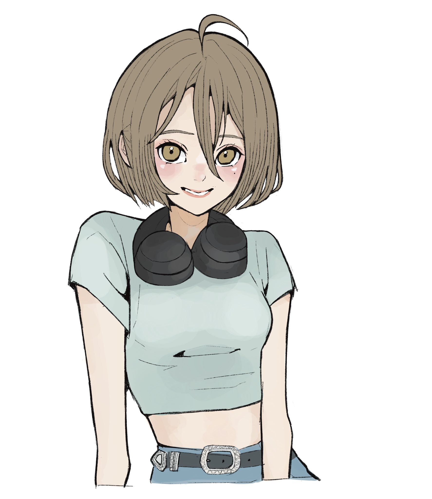 1girl ahoge arm_at_side assault_lily awatsu_mai belt belt_buckle black_belt blue_pants blush breasts brown_eyes brown_hair buckle commentary crop_top cropped_arms cropped_torso grey_shirt grin hair_between_eyes headphones headphones_around_neck highres kawamura_yuzuriha long_bangs looking_at_viewer medium_breasts midriff mole mole_under_eye pants parted_lips sally_(allogkk) shirt short_hair simple_background smile solo upper_body voice_actor_connection white_background