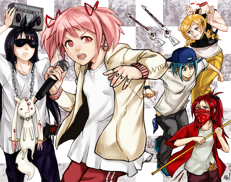 10s 5girls akemi_homura antique_firearm bandana baseball_cap black_hair blonde_hair blood blue_eyes blue_hair boombox chain contemporary decapitation drill_hair firearm firelock flintlock food gangster gokotan gun hat headless kaname_madoka kyubey long_hair magical_musket mahou_shoujo_madoka_magica mahou_shoujo_madoka_magica_(anime) mami_mogu_mogu microphone miki_sayaka multiple_girls panties pants pink_eyes pink_hair ponytail red_eyes red_hair rifle sakura_kyoko severed_head shirt short_hair spoilers striped_clothes striped_panties sunglasses sweater taiyaki tattoo tomoe_mami twintails underwear wagashi weapon white_shirt yellow_eyes