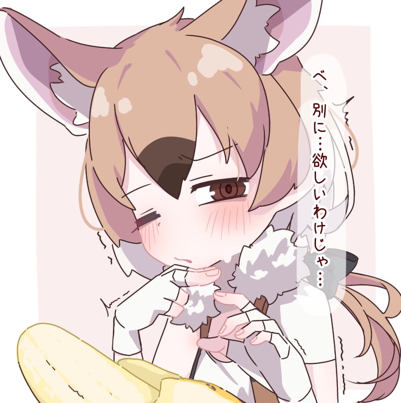 1girl animal_ear_fluff animal_ears banana blush brown_eyes brown_hair extra_ears fingerless_gloves fingernails food fruit gambian_rat_(kemono_friends) gloves half-closed_eye hand_on_own_chin hands_up kemono_friends light_brown_hair long_hair looking_at_food looking_at_object low_ponytail mouse_ears multicolored_hair one_eye_closed parted_bangs parted_lips ponytail raised_eyebrow ringed_eyes sarutori sexually_suggestive shirt short_sleeves solo translation_request trembling upper_body vest white_hair