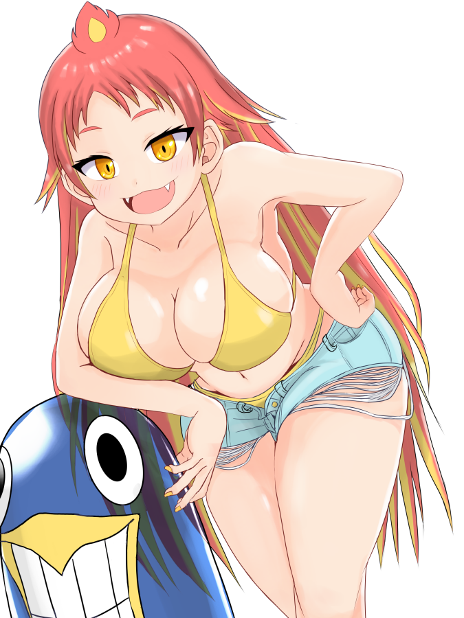 1girl 20s bare_arms bare_shoulders beach bikini bra breasts cleavage collarbone colored_tips eyelashes gyari_(bird) hand_on_own_hip hikasa_tomoshika himukai_ryumaru inflatable_toy large_breasts leaning_on_object looking_at_viewer loose_pants loose_shorts multicolored_hair nail_polish ocean panties raised_eyebrows red_hair short_shorts shorts smile swimsuit transparent_background two-tone_hair unbuttoned underwear virtual_youtuber voms wide_hips yellow_bra yellow_eyes yellow_nails yellow_panties
